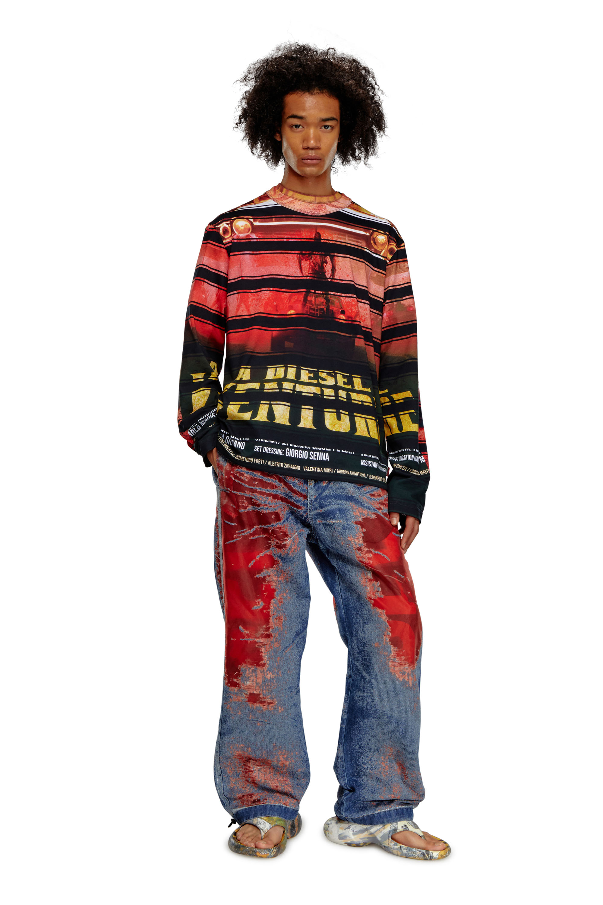 Diesel - T-CRANEUP-LS, Man's T-shirt with striped movie print in Black/Red - 1