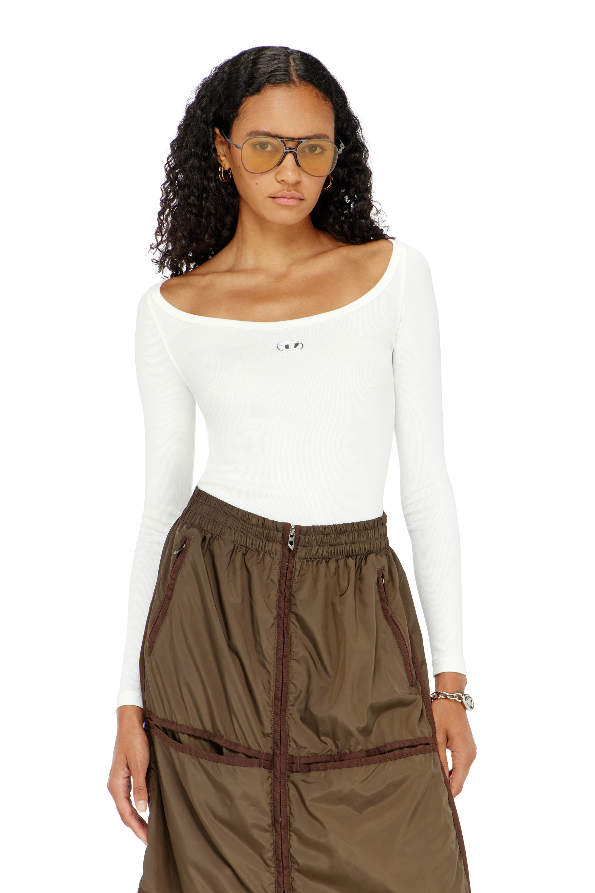 Diesel - T-BAL-OD, Woman's Long sleeve ribbed top with metallic Oval D in White - 3
