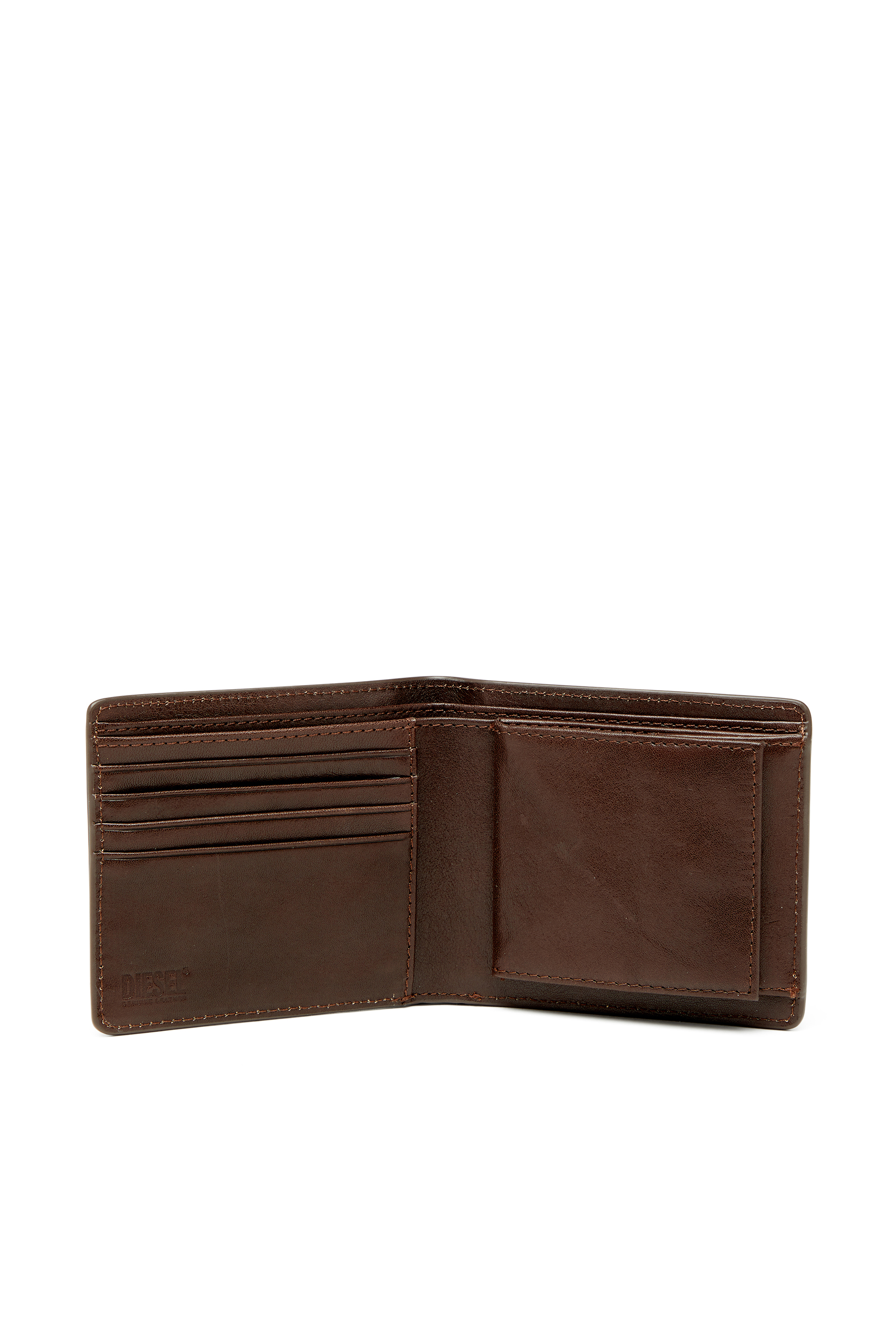 Diesel - FLAG-D BI-FOLD COIN S 3D, Man's Bi-fold leather wallet with embossed logo in Brown - 3