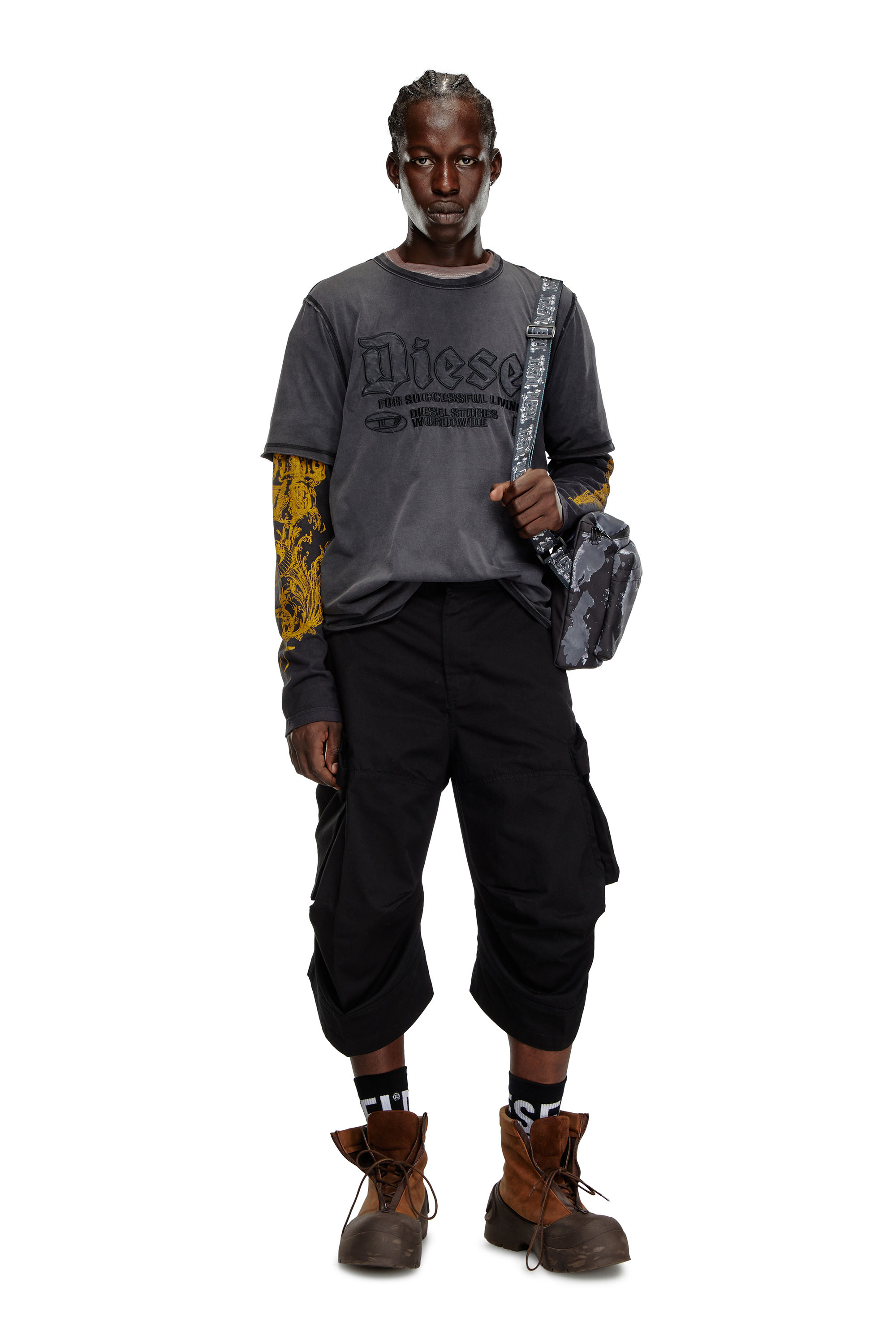 Diesel - P-ARNE-SHORT-A, Man's Asymmetrical cargo shorts in twill in Black - 1