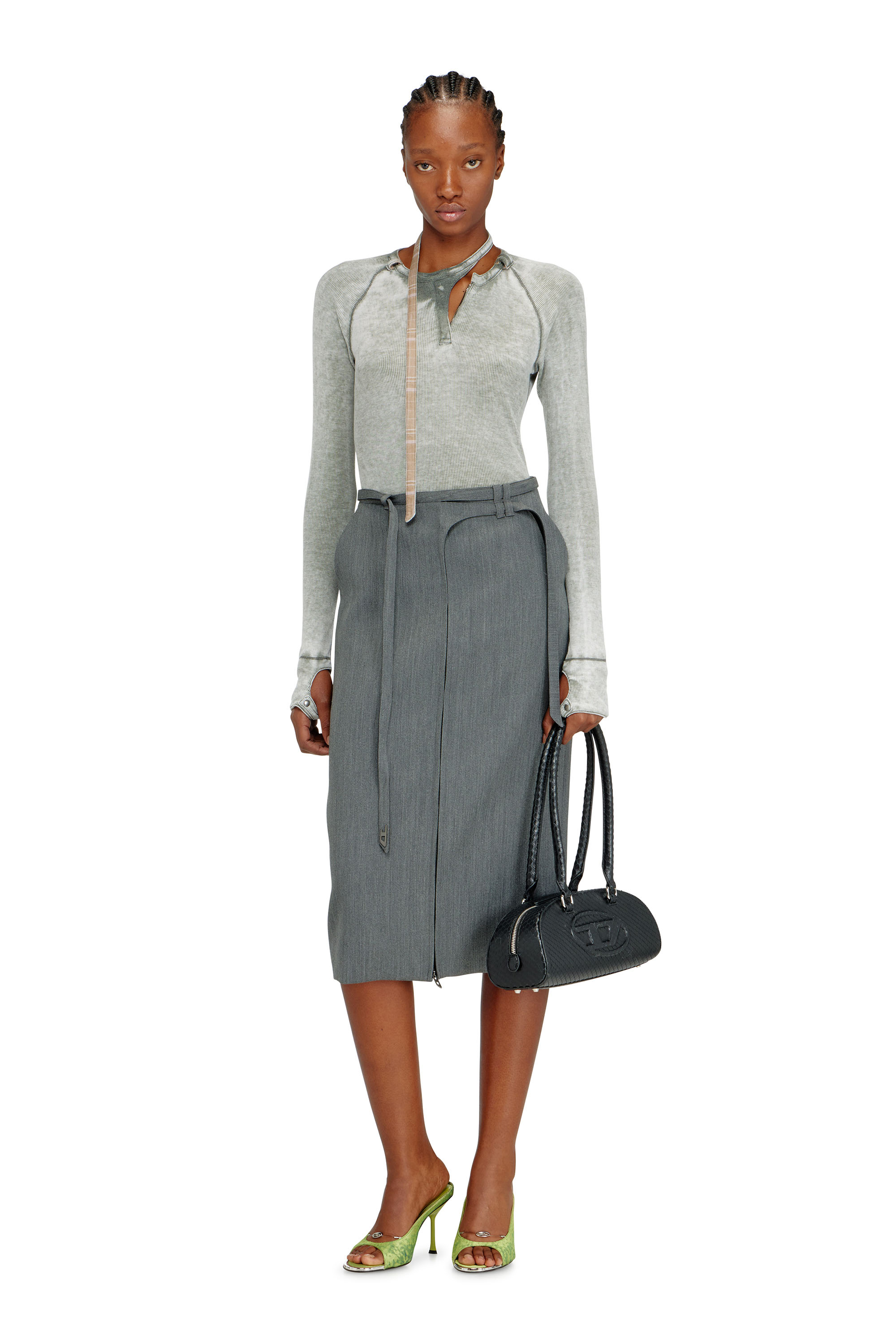 Diesel - O-RICE, Woman's Tailored midi pencil skirt with biker straps in Grey - 2