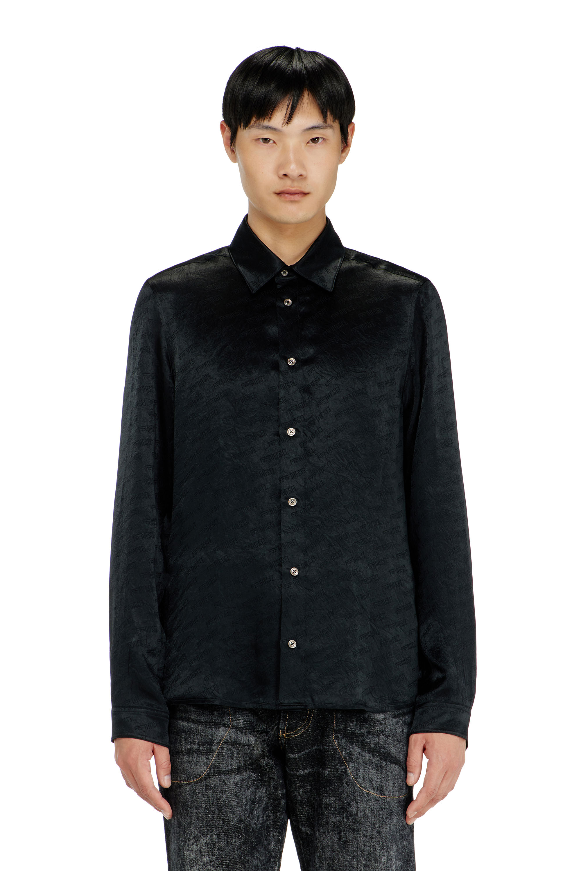Diesel - S-KINNY-EFBZ, Man's Shirt in logo-jacquard crinkled satin in null - 1
