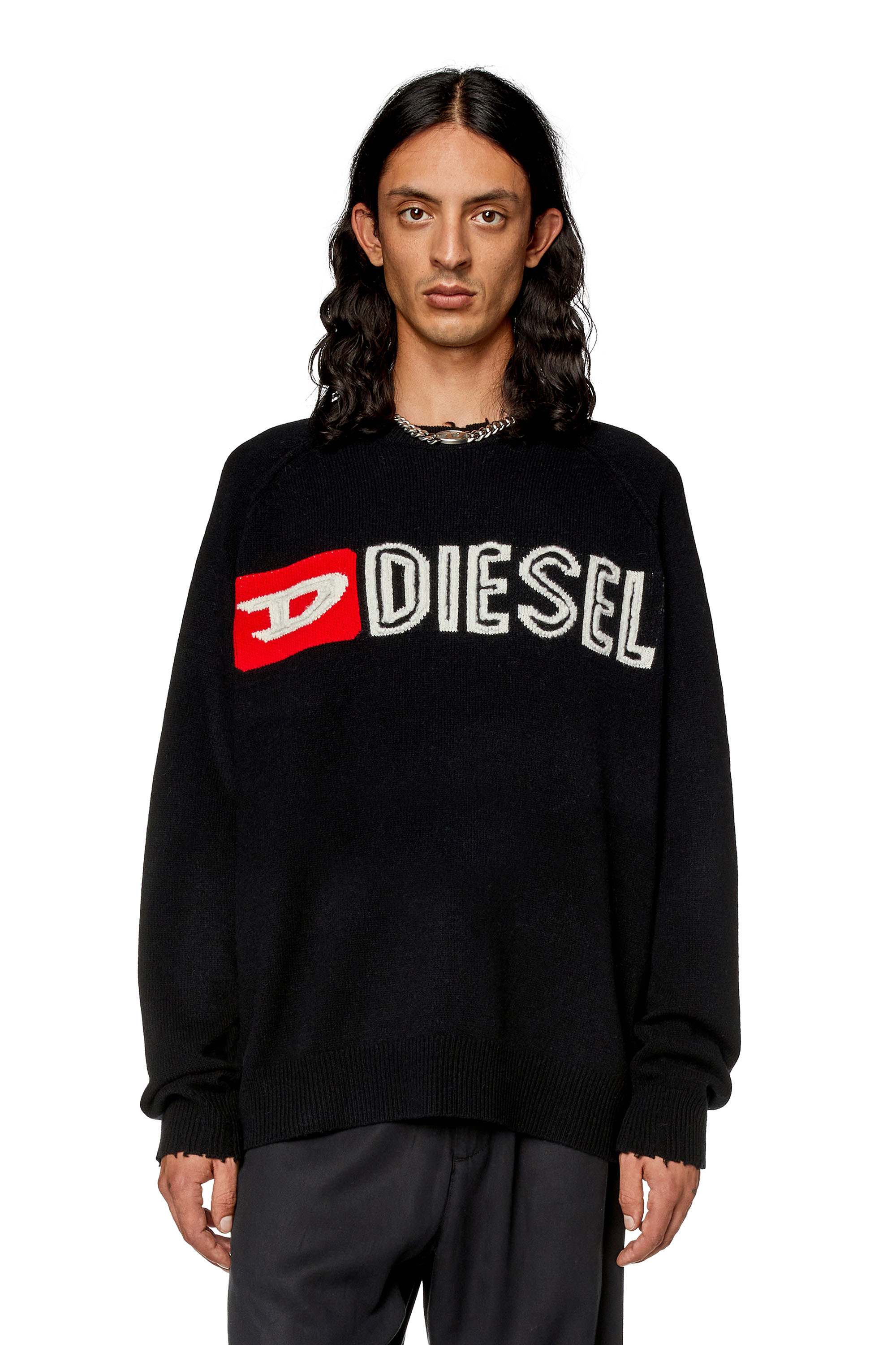 Diesel - K-SARIA-B, Man Wool crewneck sweater with cut-up logo in Black - Image 1