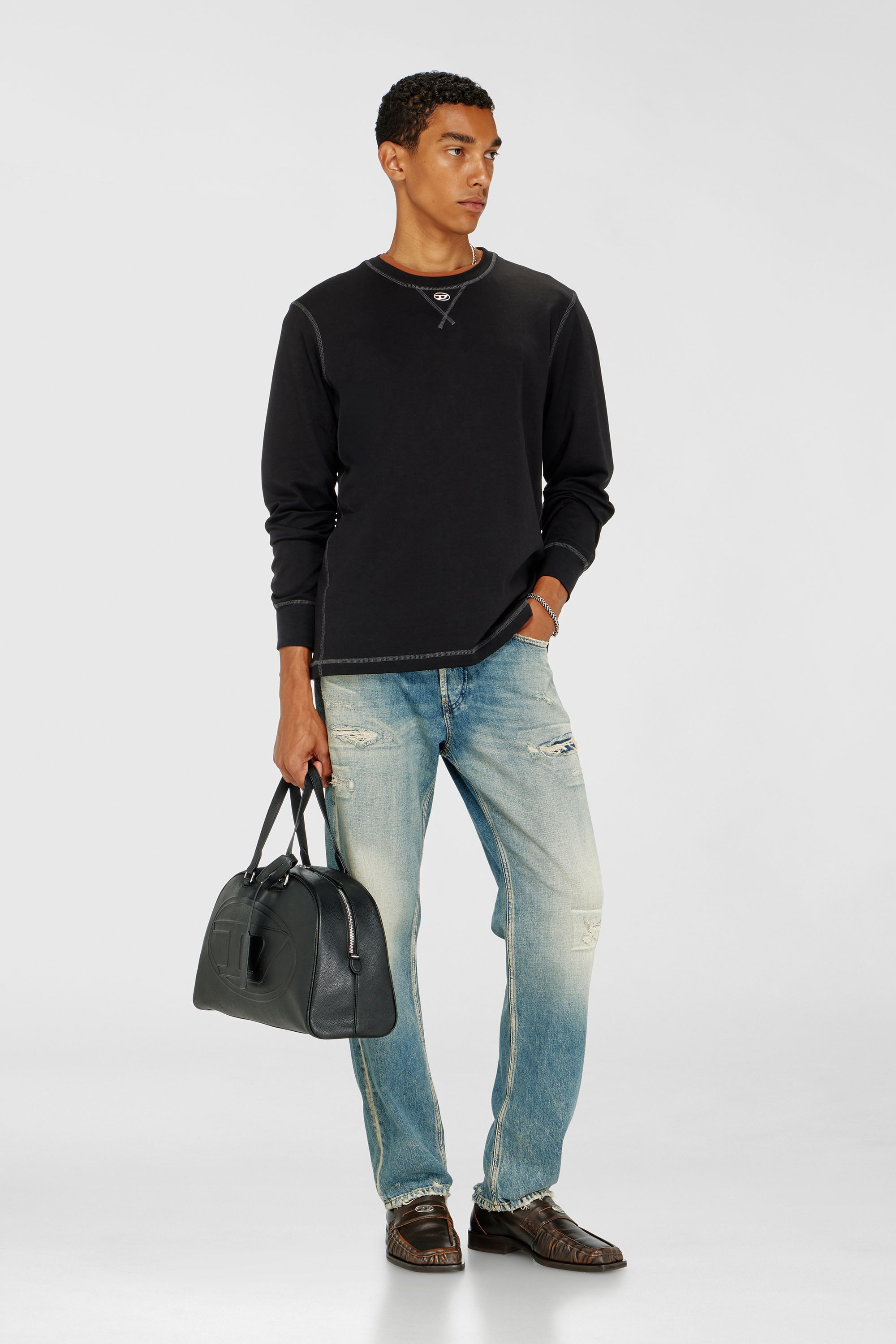 Diesel - T-MADJUST-LS-TR, Man's Cotton long-sleeve T-shirt with Oval D in Black/White - 2