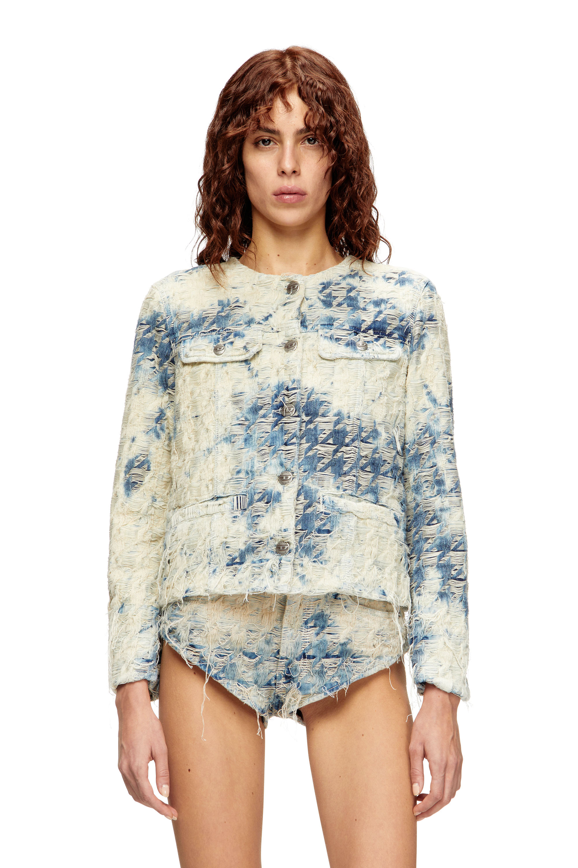 Diesel - DE-GRAFY-FSH, Woman's Jacket in houndstooth-weave denim in Blue/White - 1