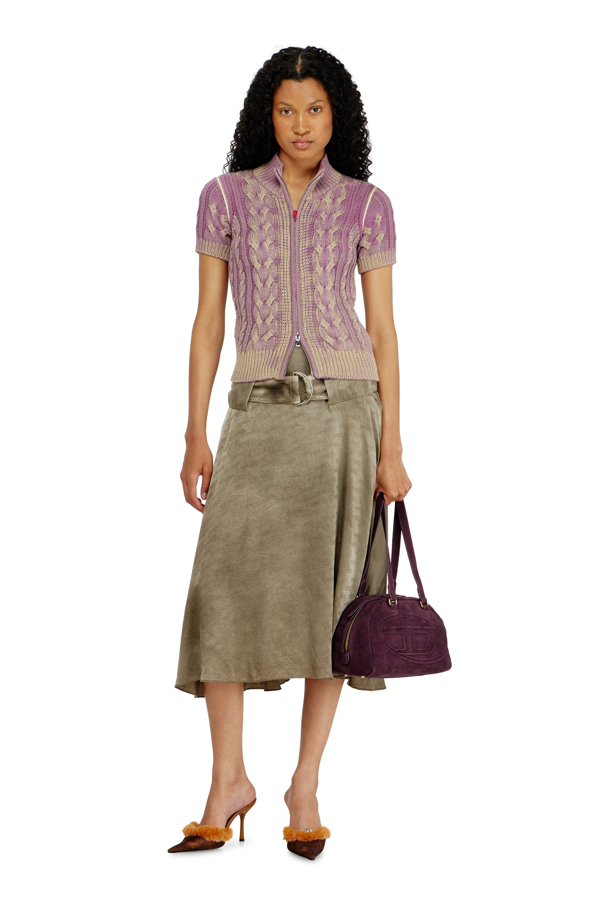 Diesel - M-ELANA, Woman's Short-sleeve zip cardigan in cable knit in Beige/Violet - 2