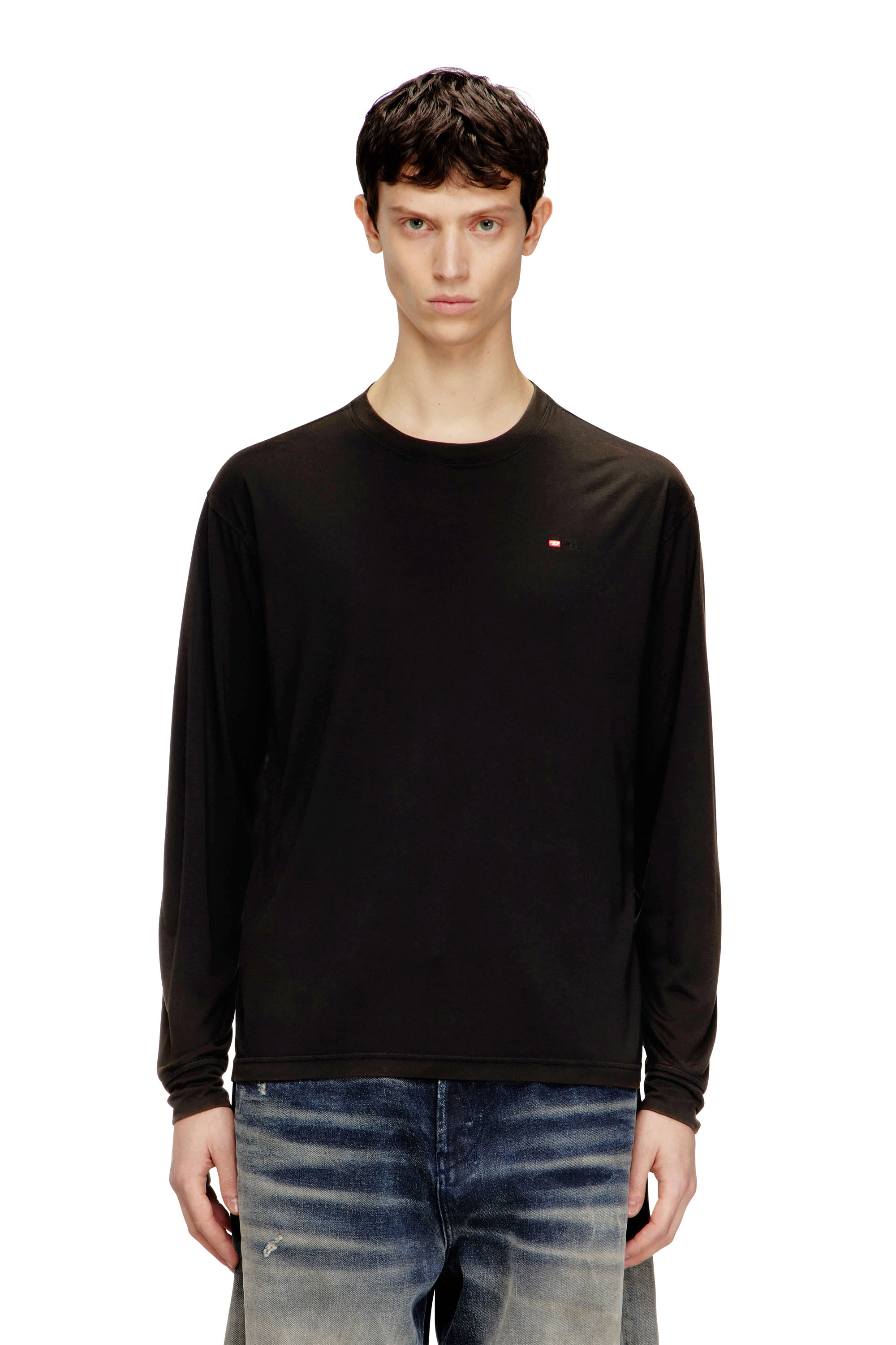 Diesel - T-NORMS-LS, Man's Fluid long sleeve T-shirt with micro embroidery in Black - 1