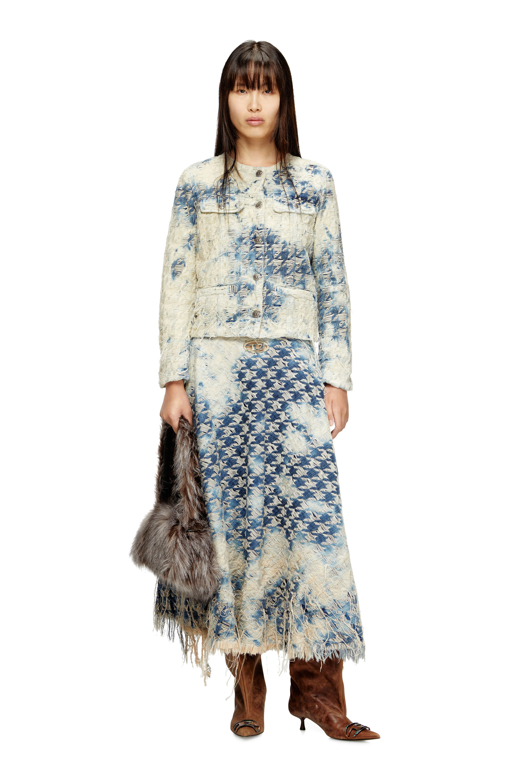 Diesel - DE-ANNET-FSH1, Woman's Midi skirt in houndstooth-weave denim in Light Blue - 2