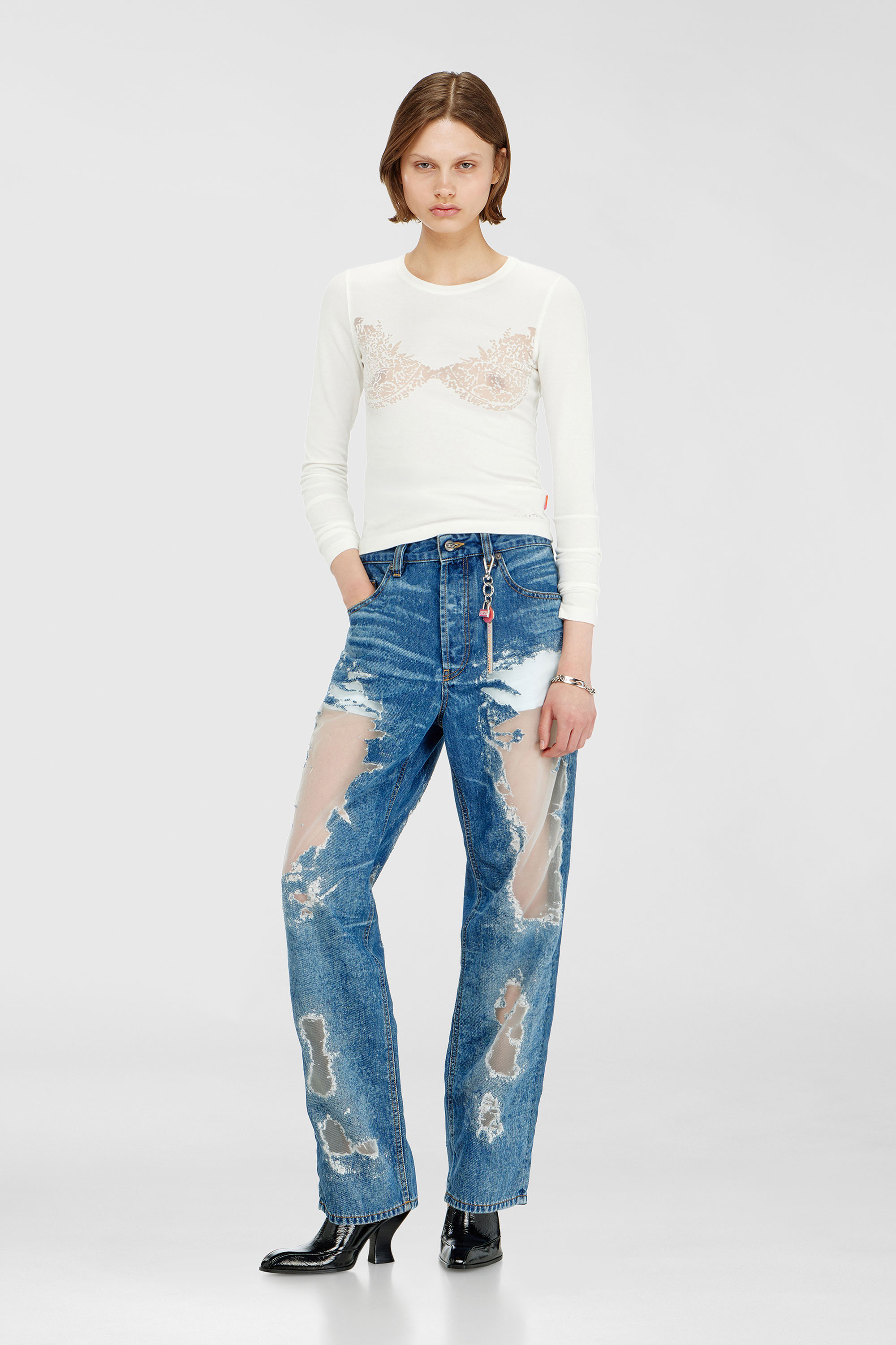 Diesel - PR-T-MOKKI-LS-R, Woman's Top with devor&eacute; lace effect in White - 2