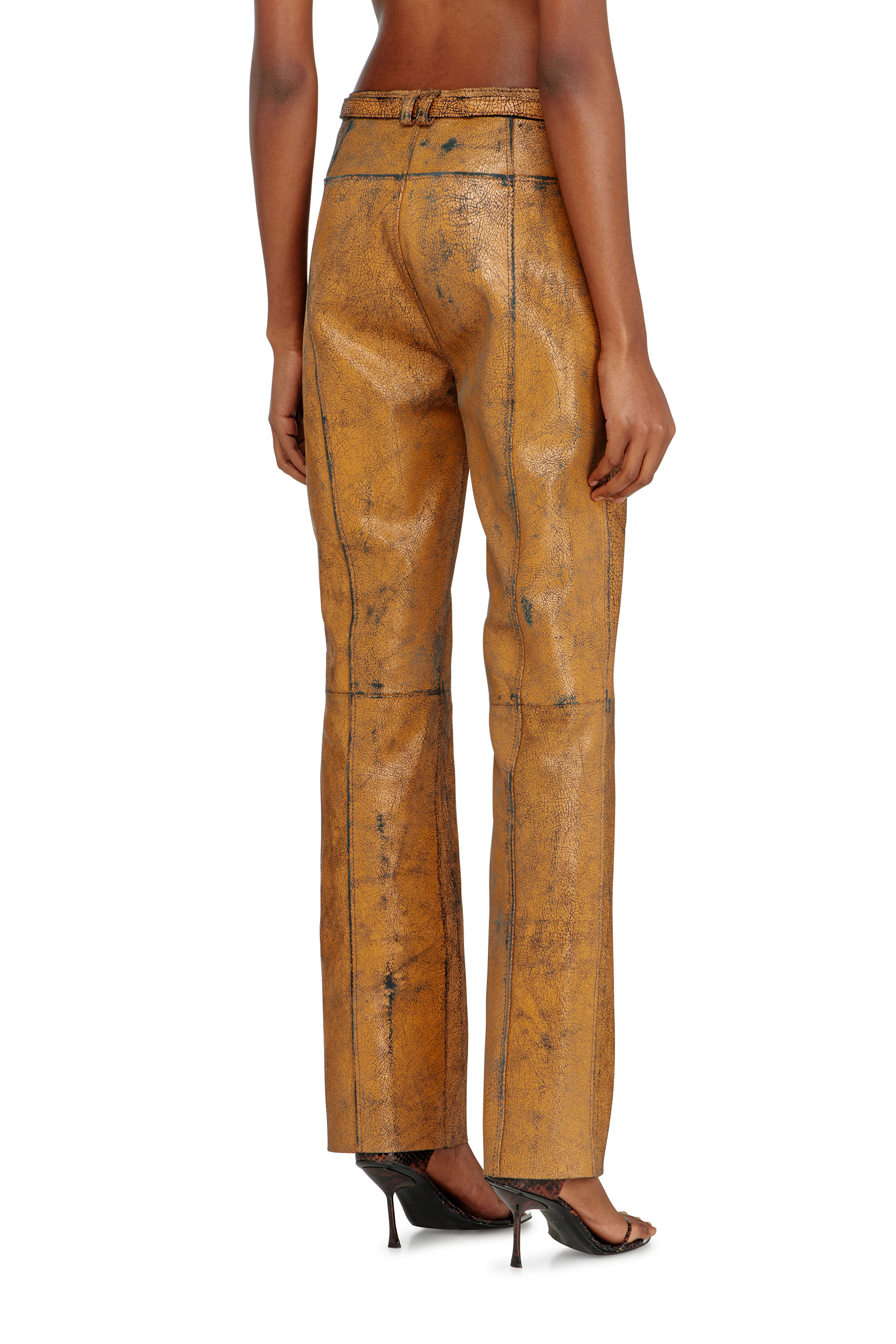 Diesel - L-CROC, Woman's Leather pants with crackled effect in Brown - 3
