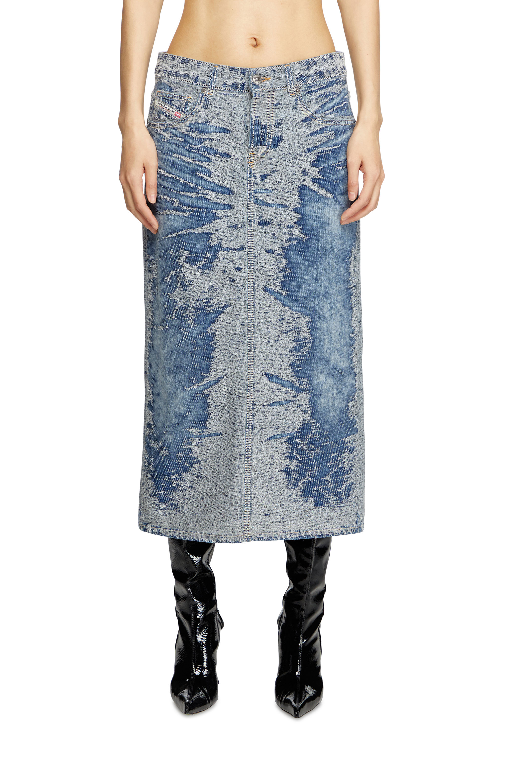 Diesel - DE-SKYE-S, Woman's Midi skirt in distressed jacquard denim in Light Blue - 1