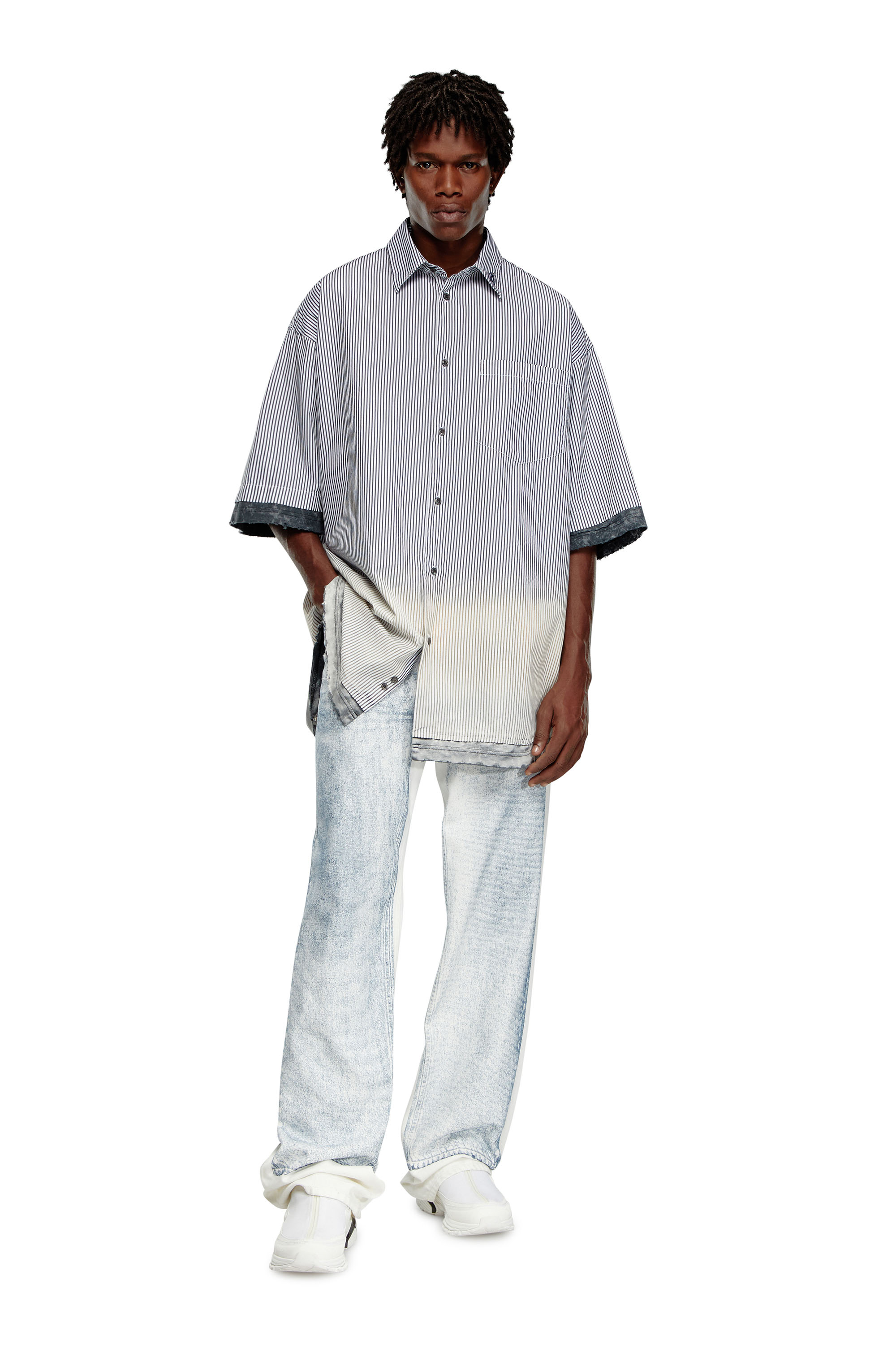 Diesel - S-TRAX, Man's Distressed striped short-sleeve shirt in Black/White - 1