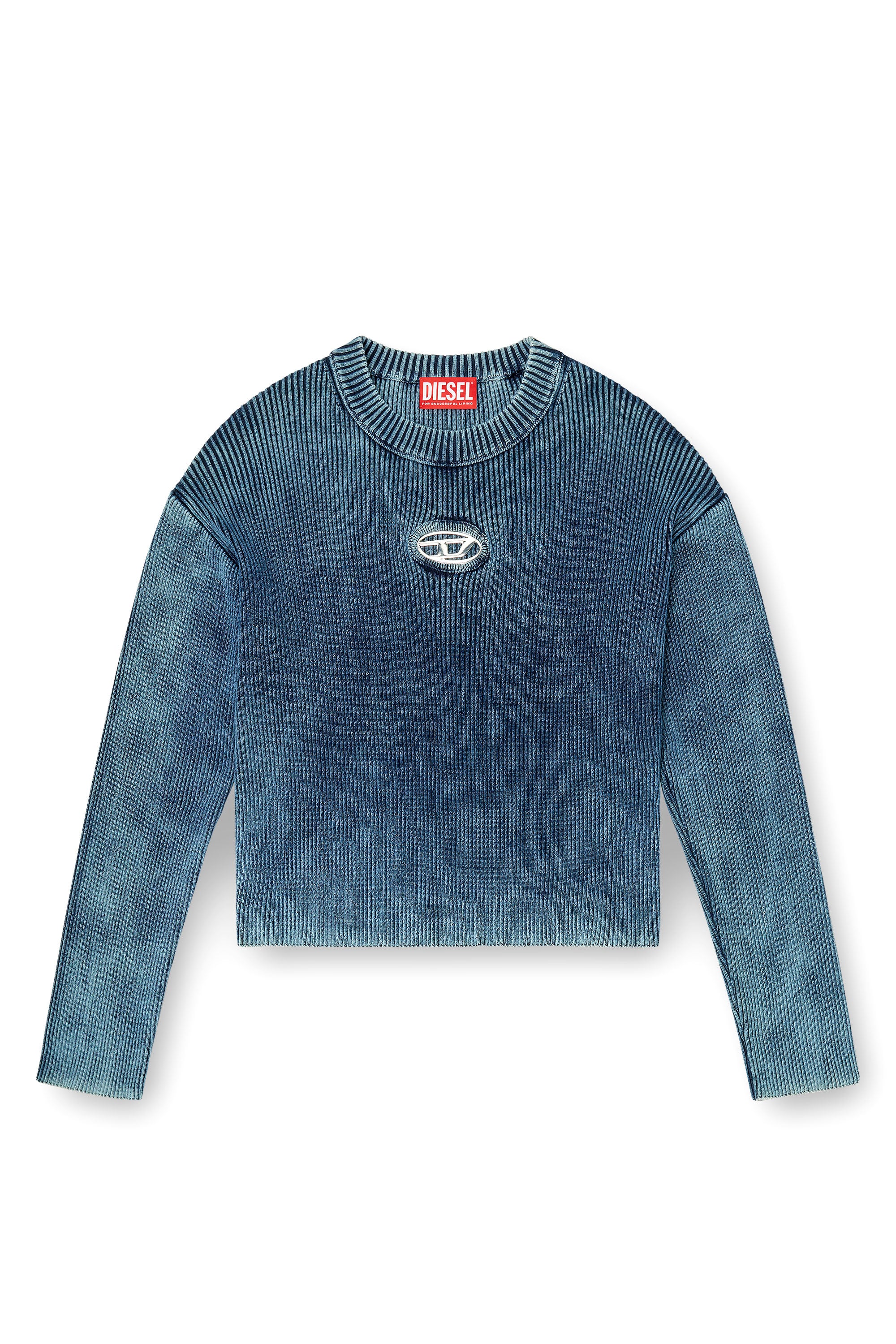 Diesel - M-ANCHOREX, Woman's Cut-out ribbed jumper with Oval D plaque in Blue - 3