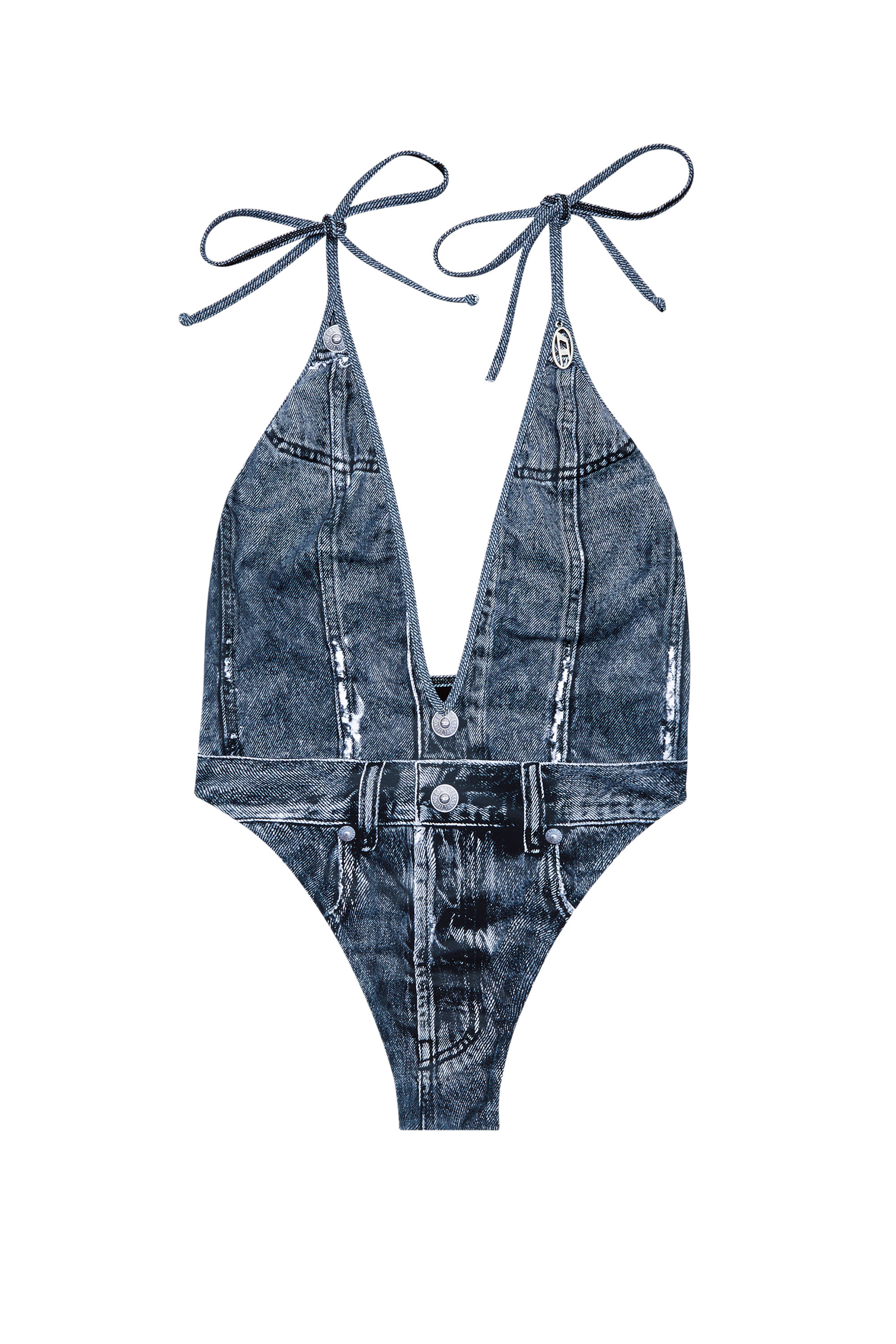 Diesel - KINSLEY-DNM, Woman's Plunging swimsuit with denim trompe l'oeil in Blue - 4
