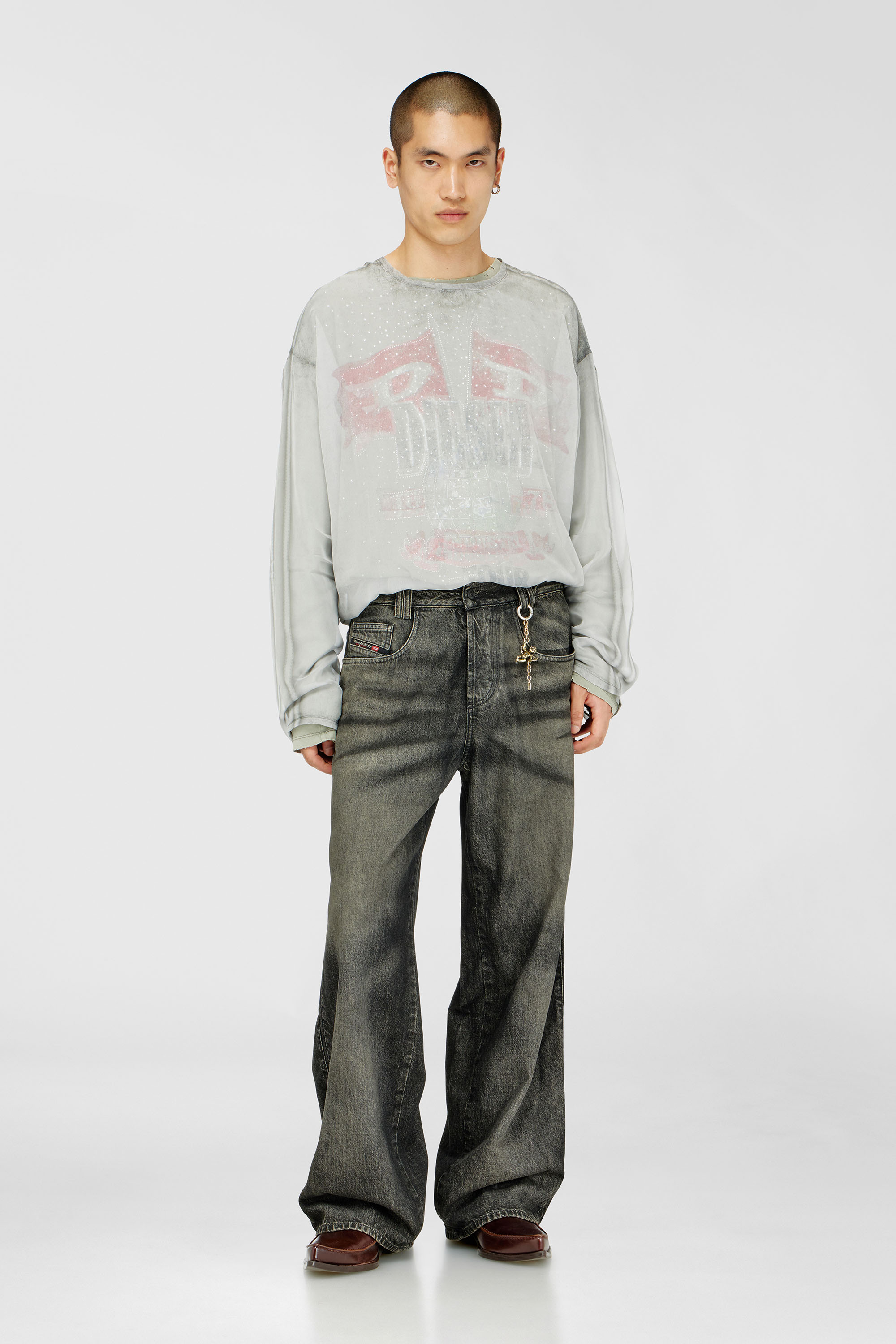 Diesel - T-DOUBLEX-LS, Man's Sheer chiffon top with concert graphics in Light Grey - 1