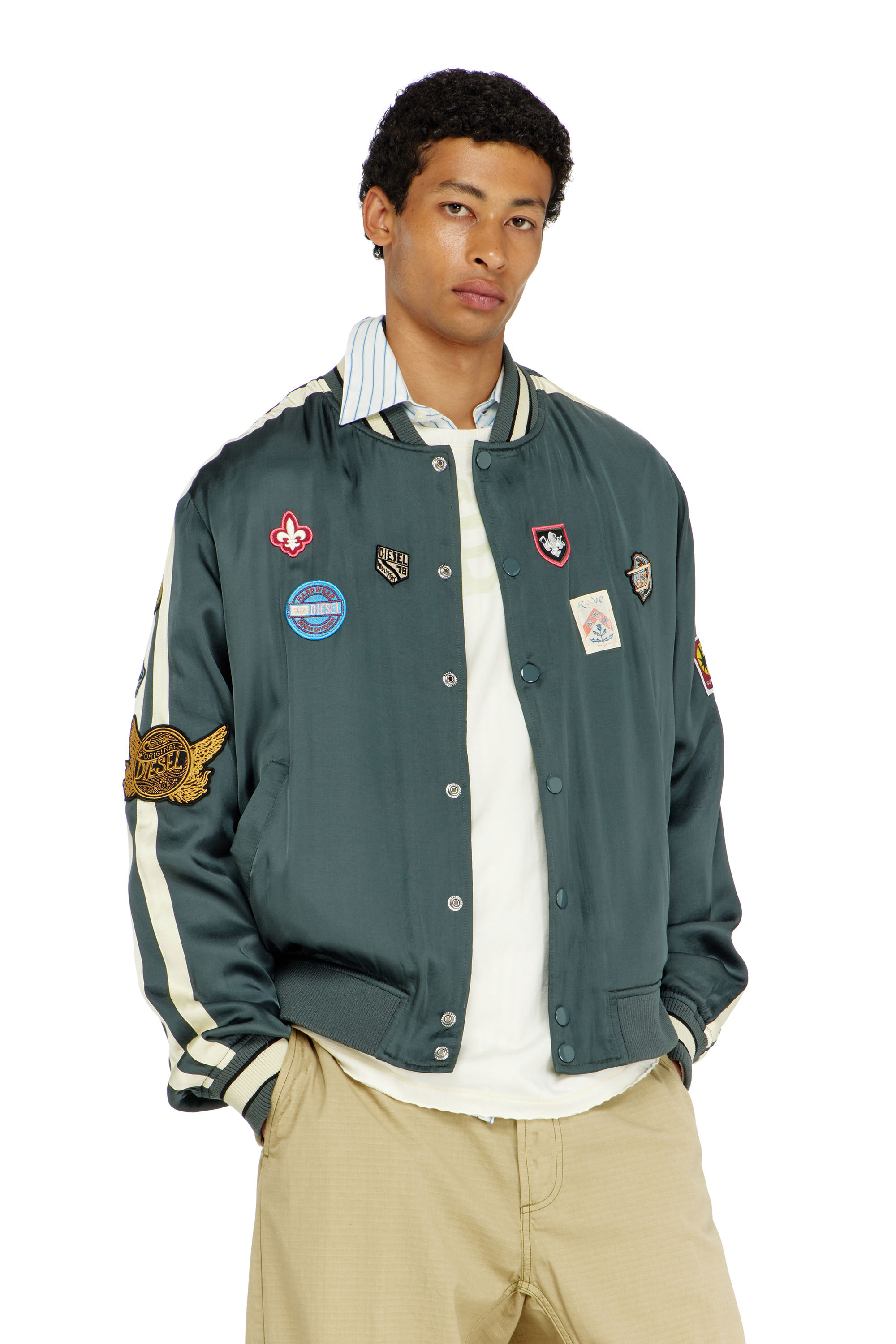 Diesel - J-ANNU, Man's Satin bomber jacket with patches in Dark Green - 1