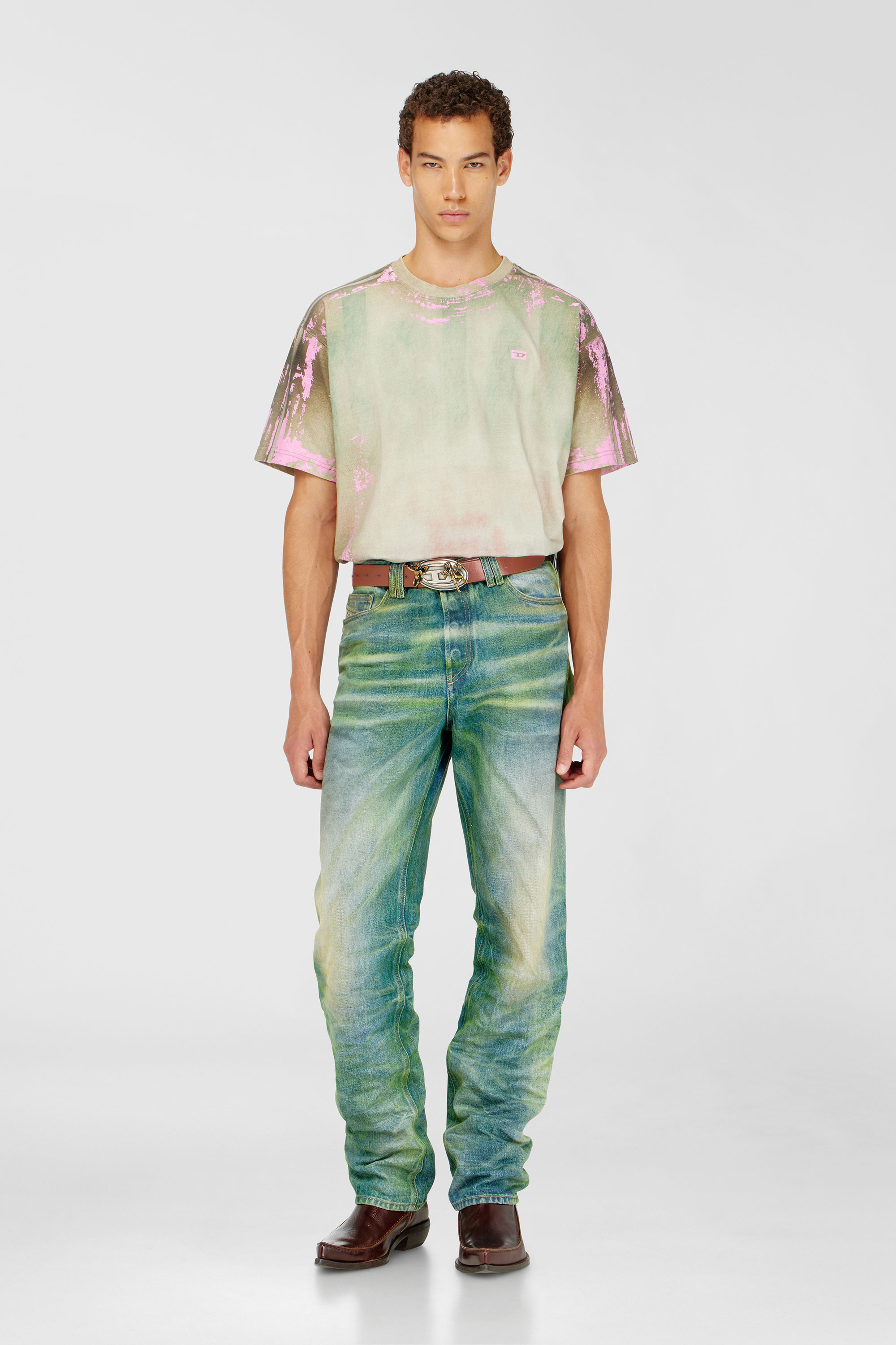 Diesel - T-FILMY-SHO, Man's T-shirt in cracked leather-effect jersey in Pink/Green - 1