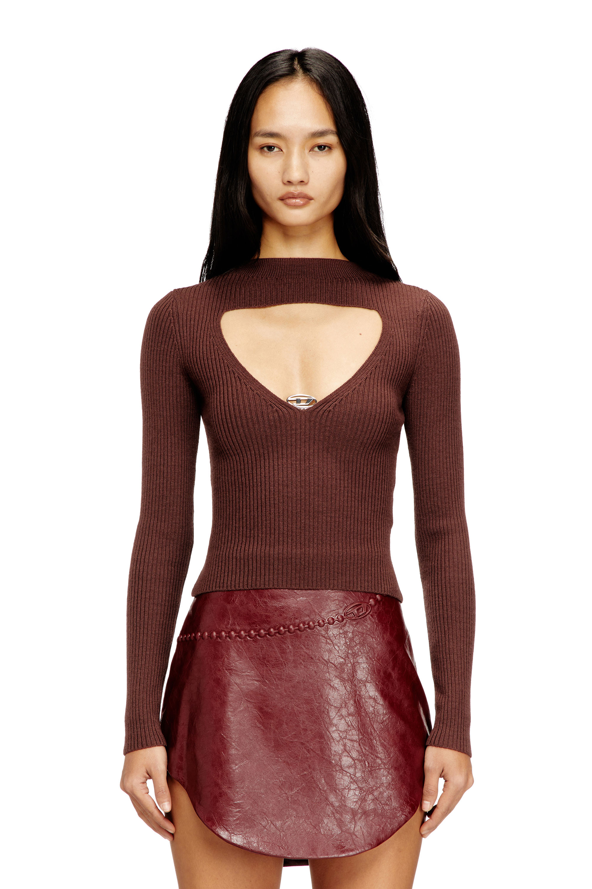 Diesel - M-OLINA, Woman's Ribbed wool jumper with cut-out in Brown - 1