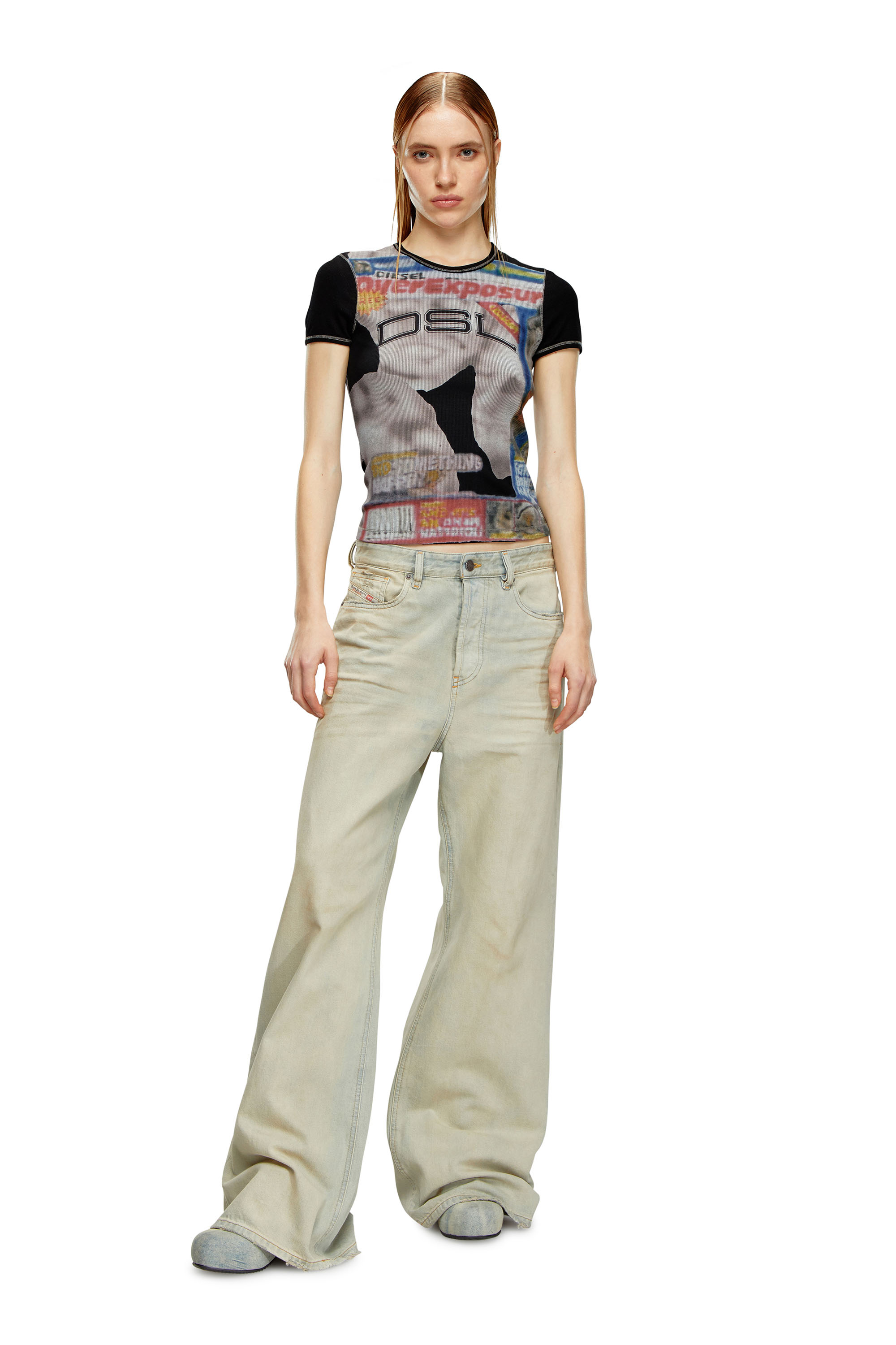 Diesel - T-ELE-LONG, Woman's Ribbed T-shirt with airbrush print in Black - 1