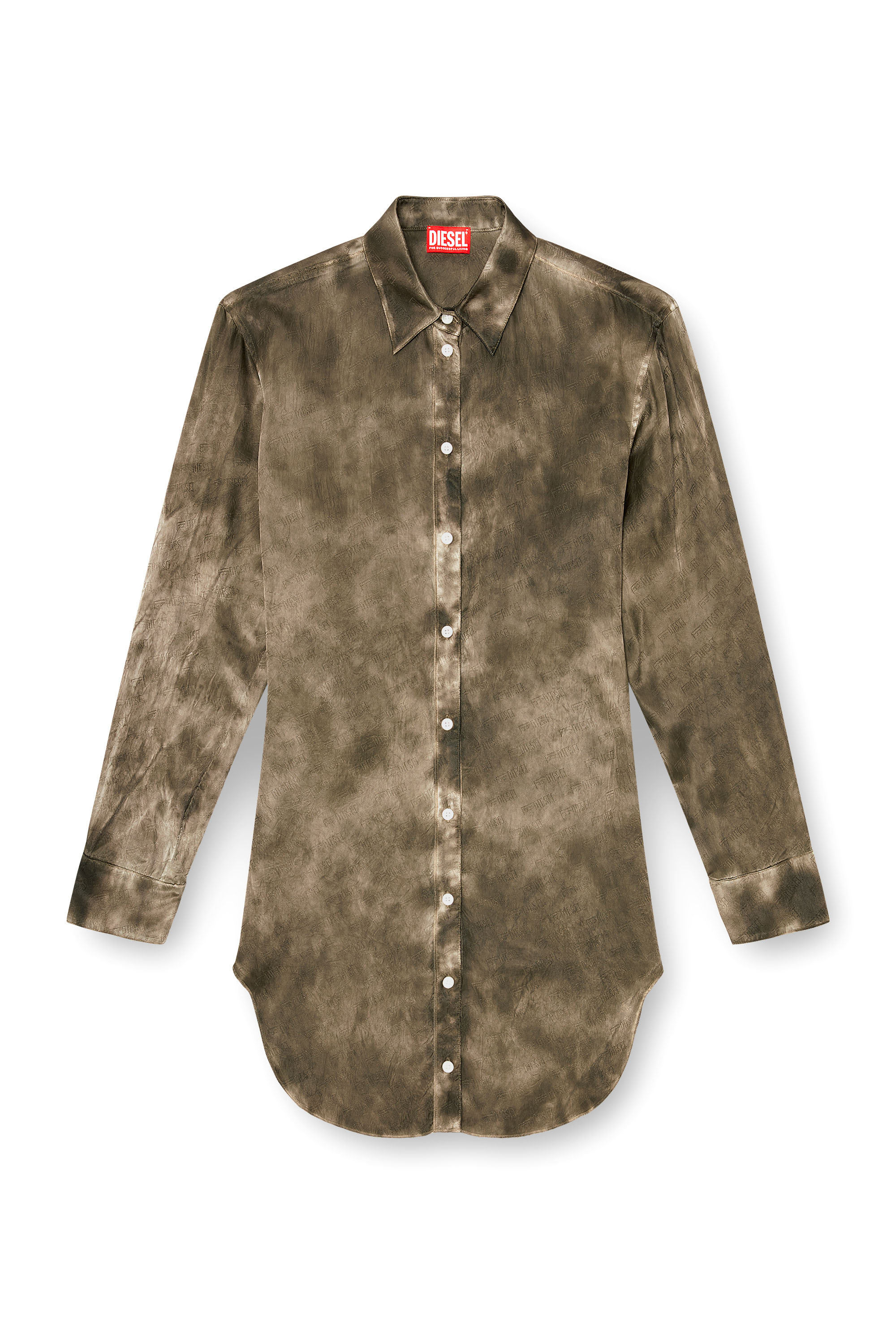 Diesel - C-LAVEL, Woman's Long shirt in logo-jacquard crinkled satin in Military Green - 3