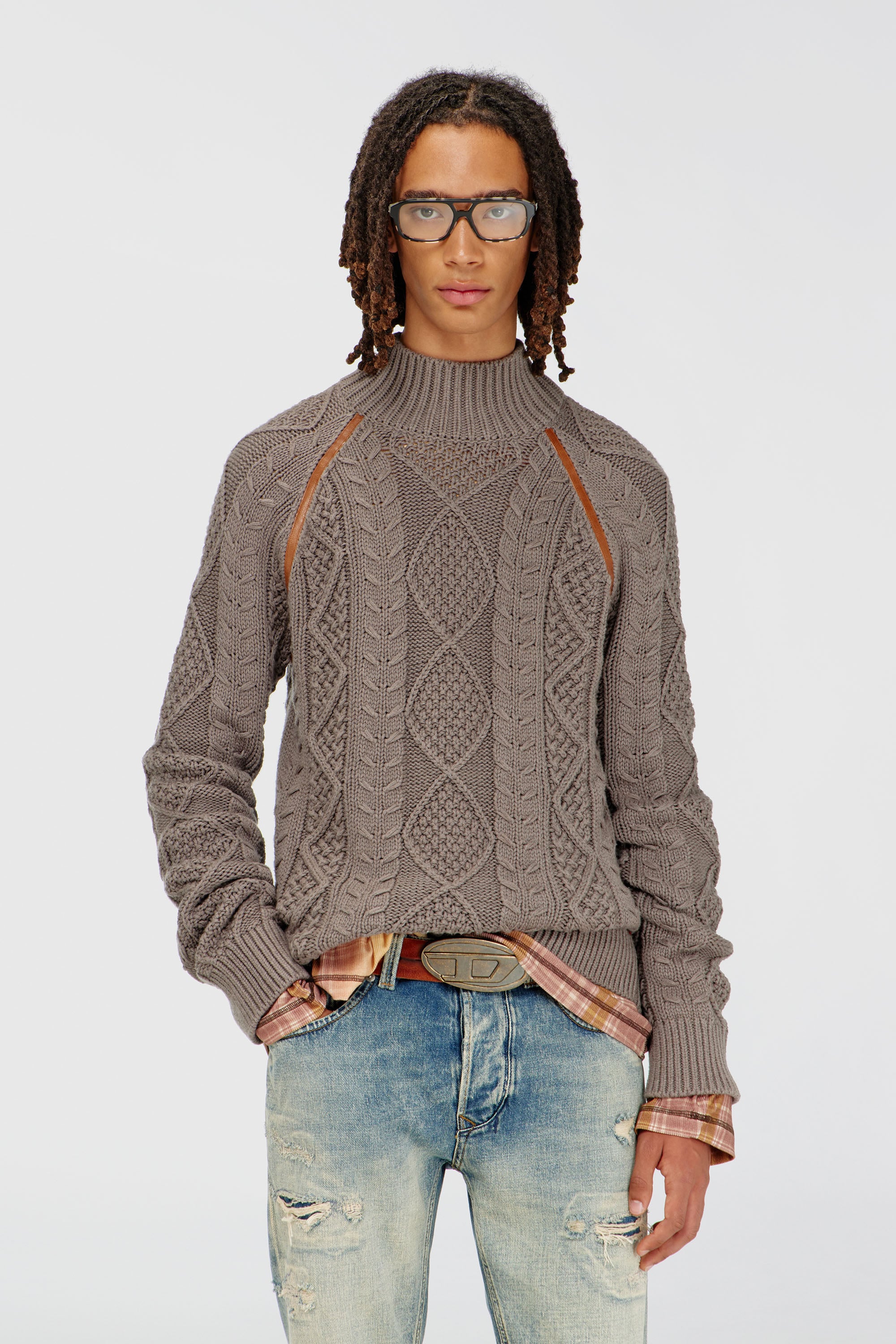 Diesel - K-INOME, Man's Turtleneck jumper in cable knit in Brown - 1