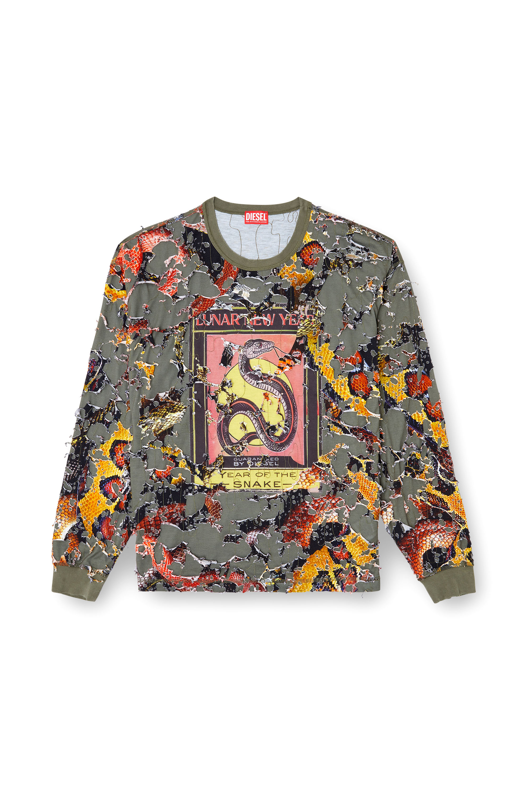 snaked lows Tシャツ Women's Destroyed snake-print long-sleeve T-shirt | Green | Diesel