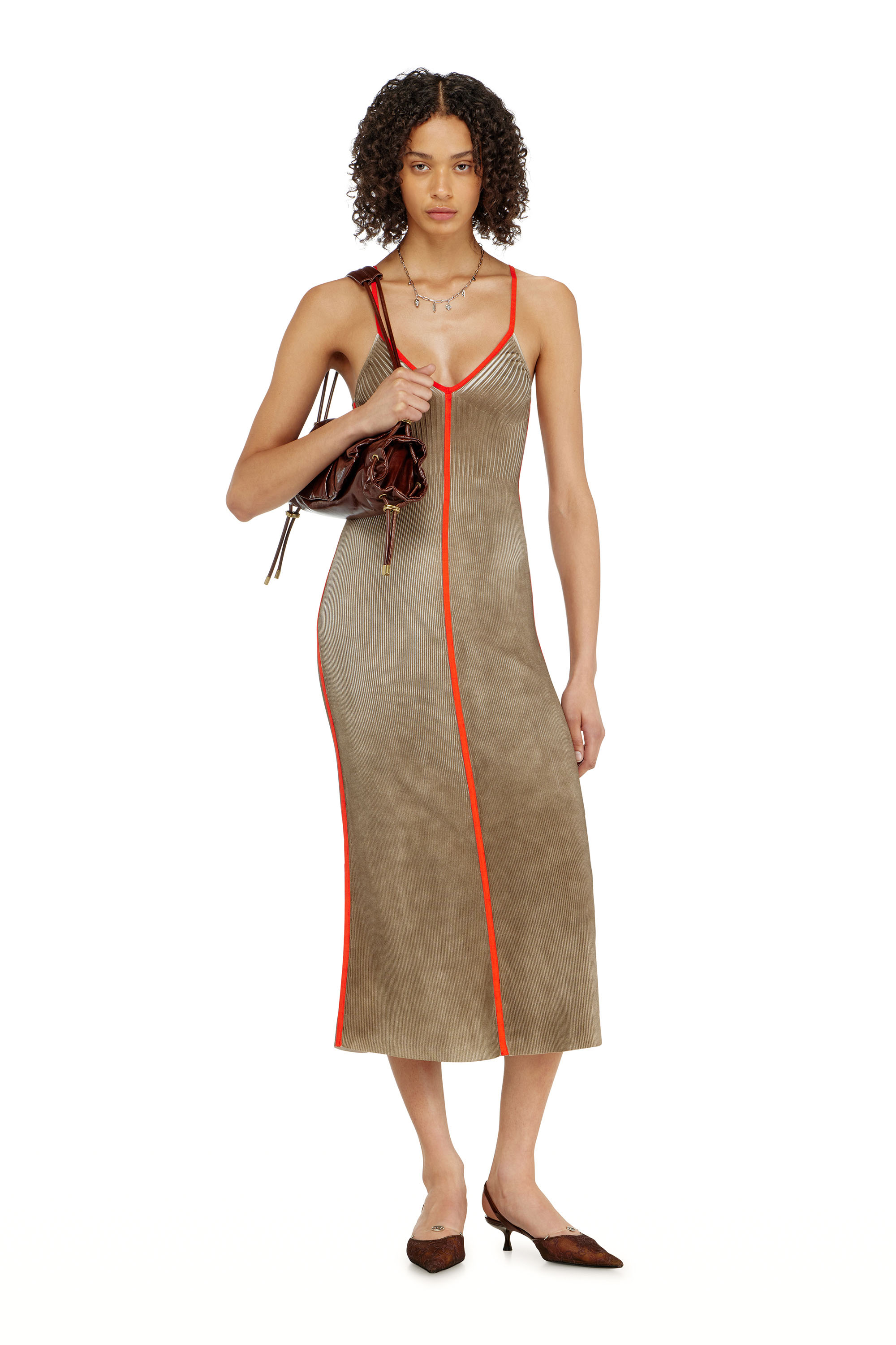 Diesel - M-SARMELA, Woman's Rib-knit midi cami dress with contrast bands in Red/Brown - 2