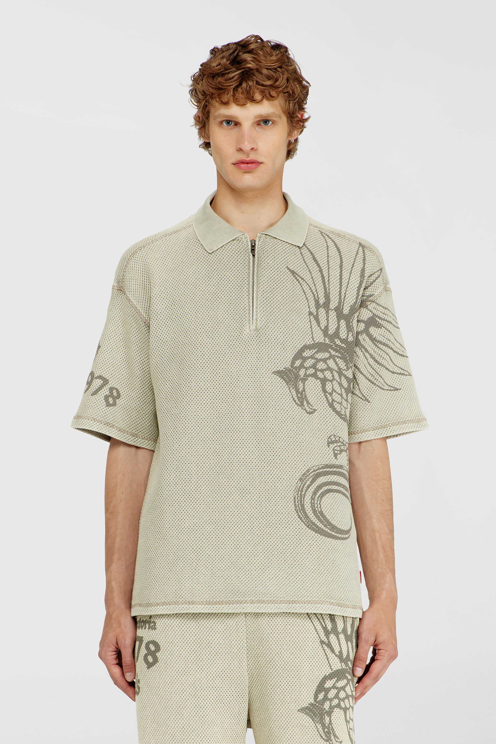 Diesel - T-ERRY-ZIP, Man's Mesh-jacquard polo shirt with Phoenix print in Beige - 1