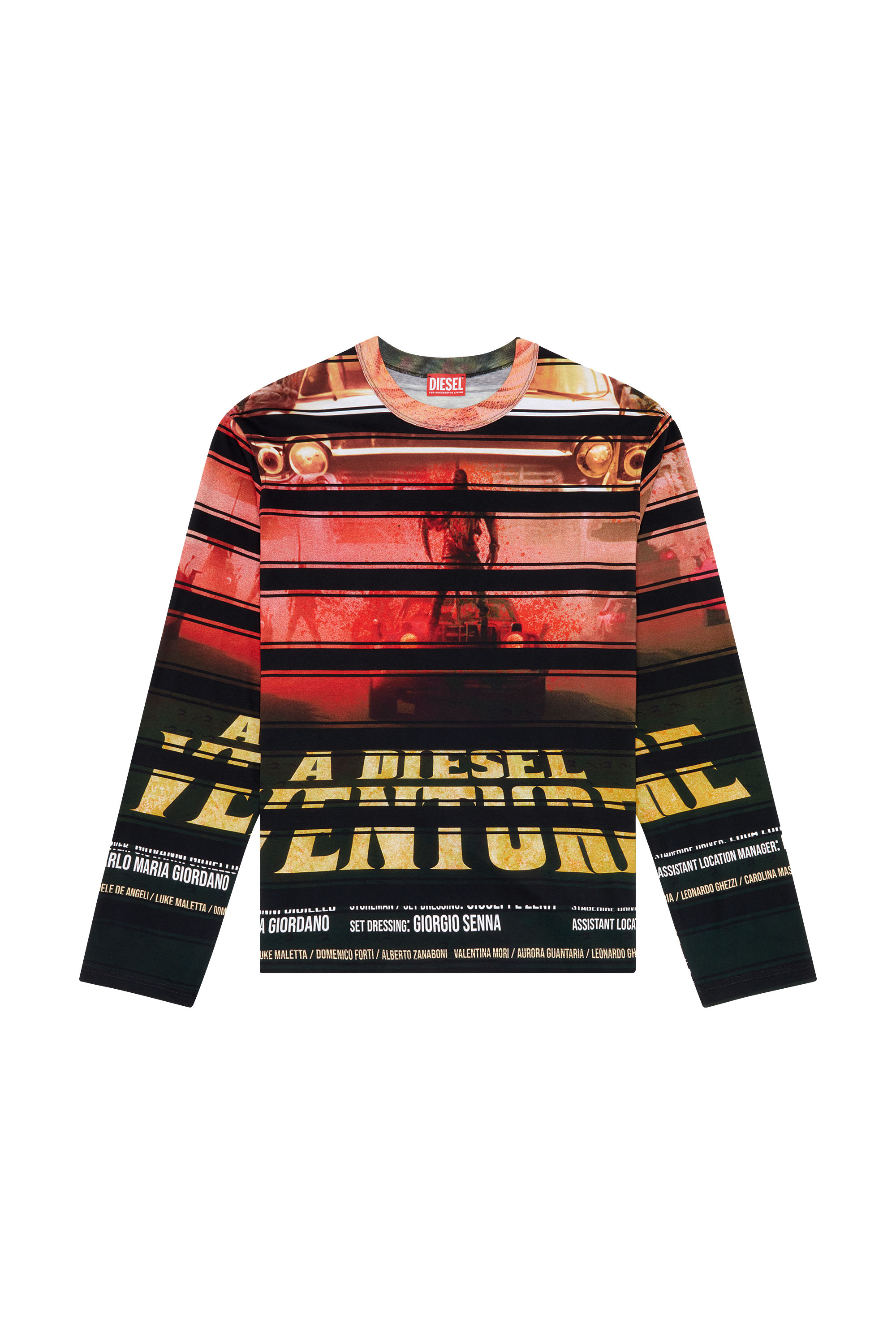 Diesel - T-CRANEUP-LS, Man's T-shirt with striped movie print in Black/Red - 2