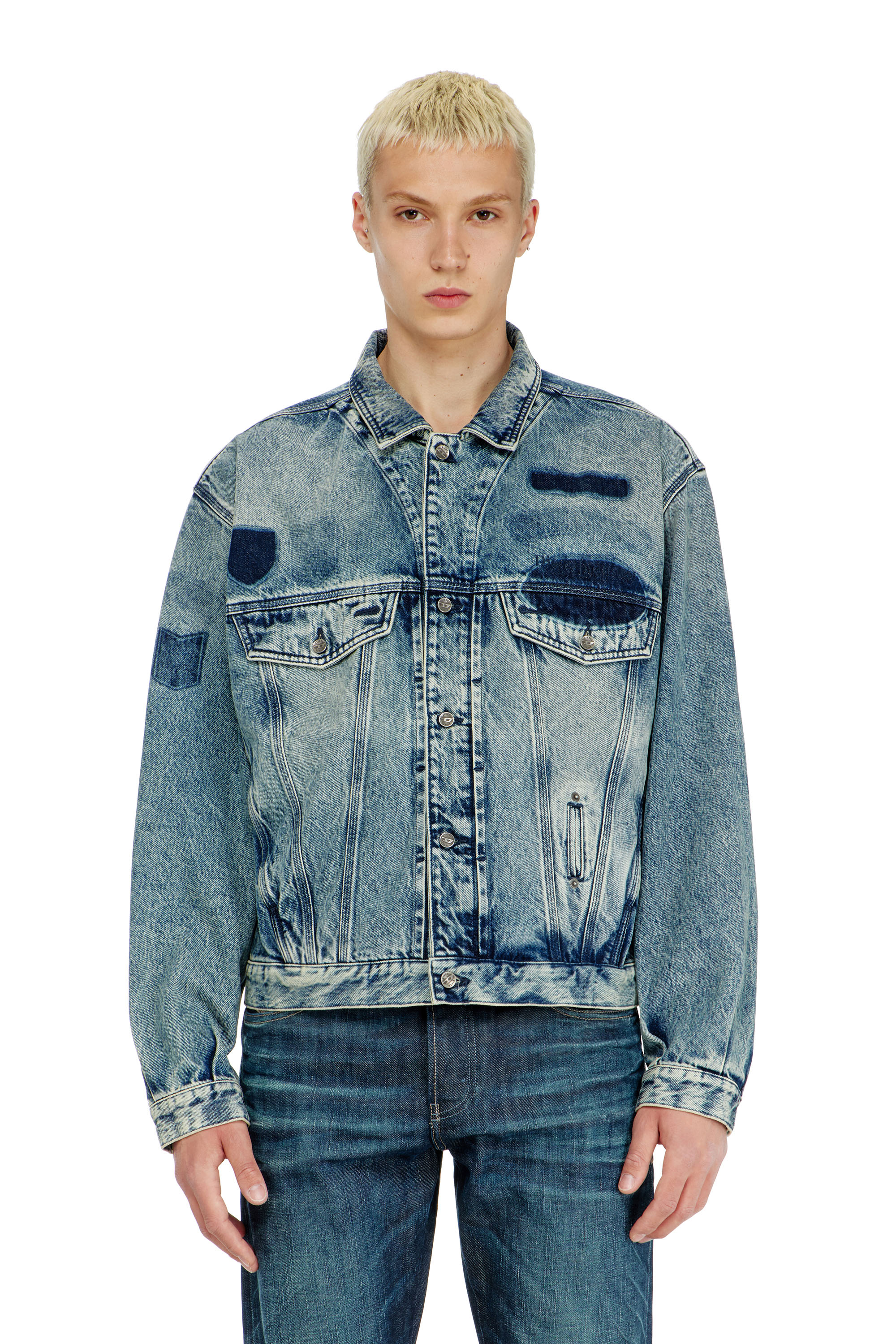 Diesel - D-DENVER-S2, Unisex's Trucker jacket with patch effects in Medium blue - 1