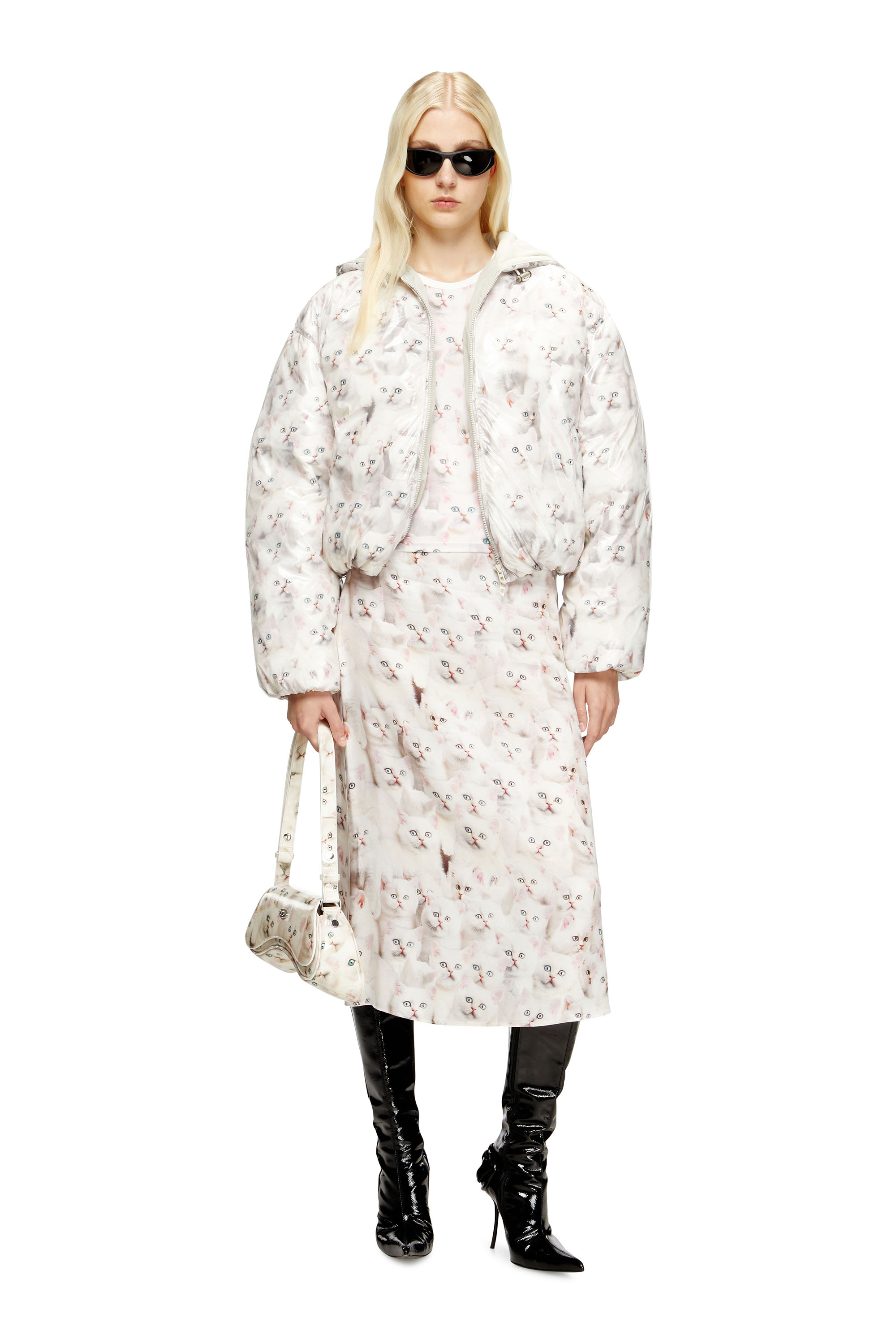 Diesel - W-INNER-R1, Woman's Padded jacket with cat print in White - 1