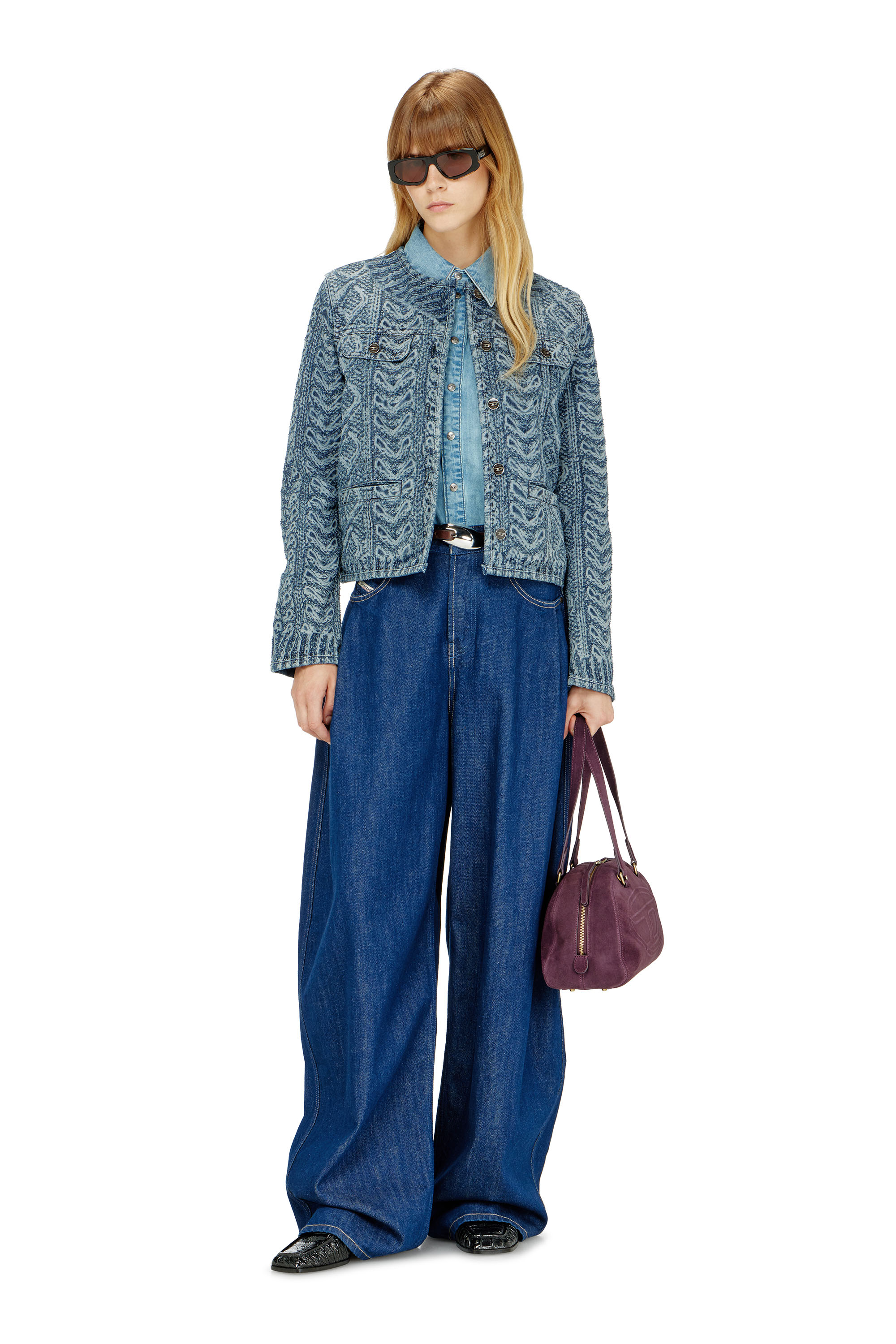 Diesel - DE-GRAFY-S2, Woman's Collarless jacket in cable-knit-effect denim in Dark Blue - 1