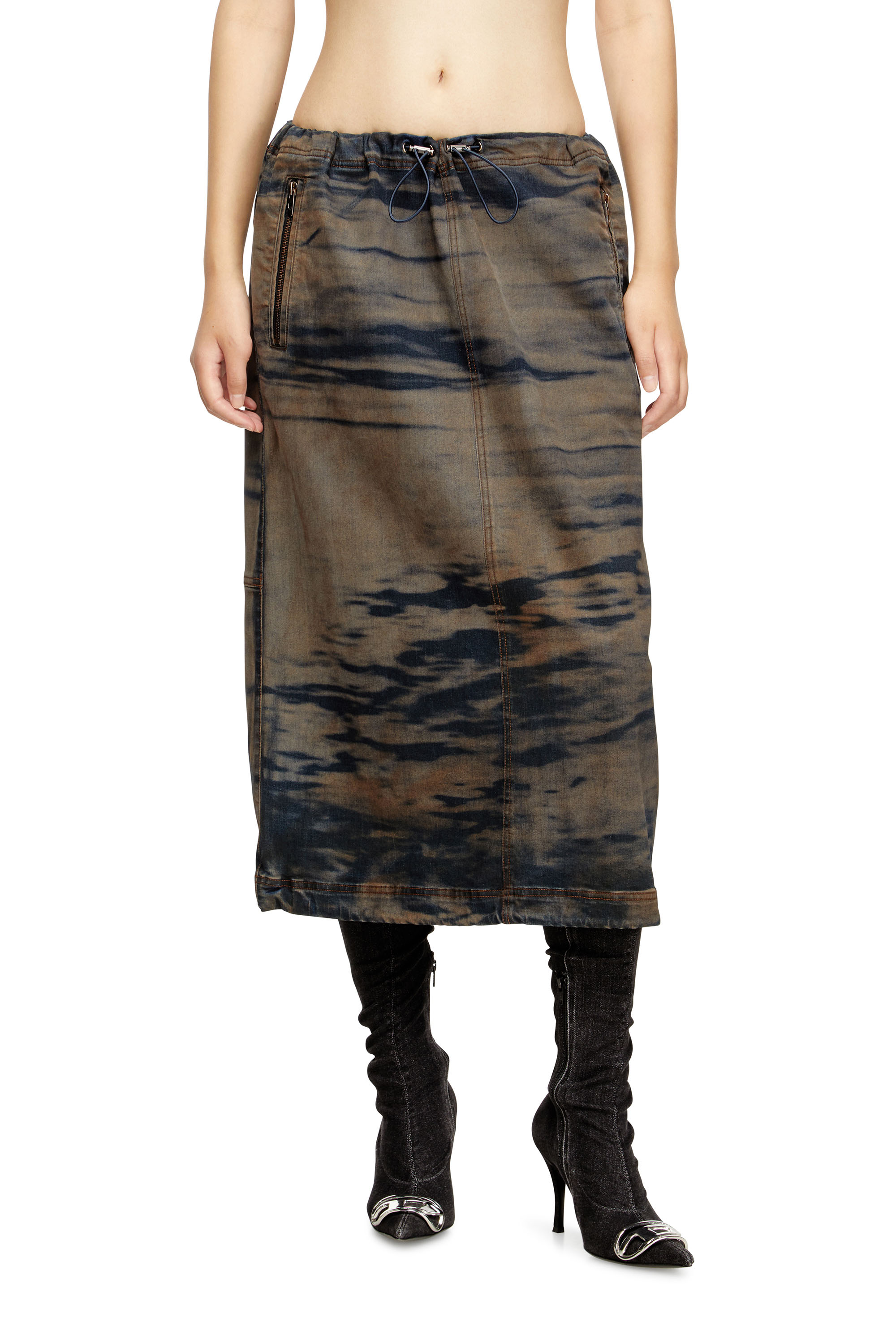 Diesel - O-MIRTOW-DEN, Woman's Midi denim skirt with drawstring in Black/Brown - 1