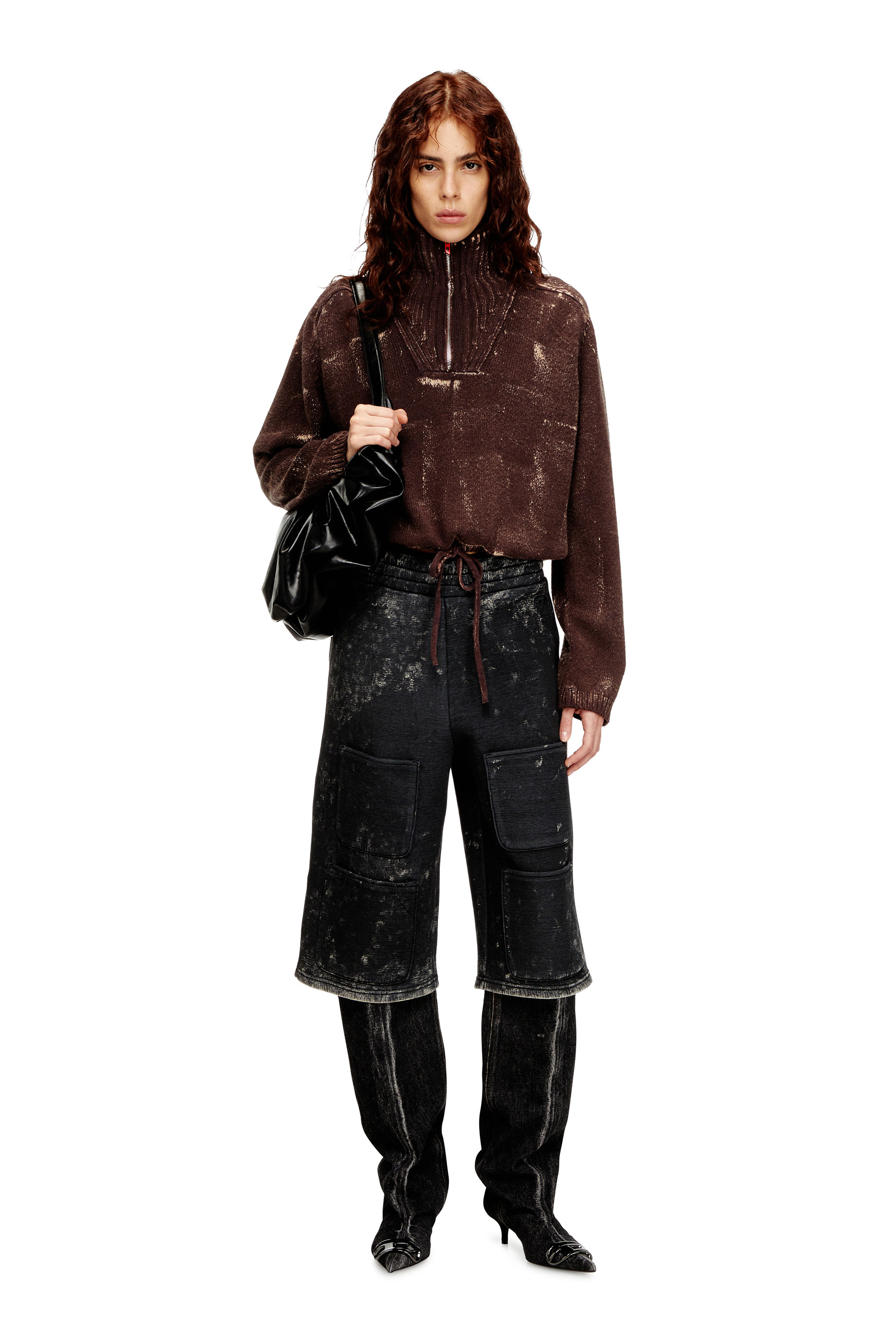 Diesel - S-TYP, Unisex's Wide-leg shorts in marble-effect scuba in Black/Dark grey - 3