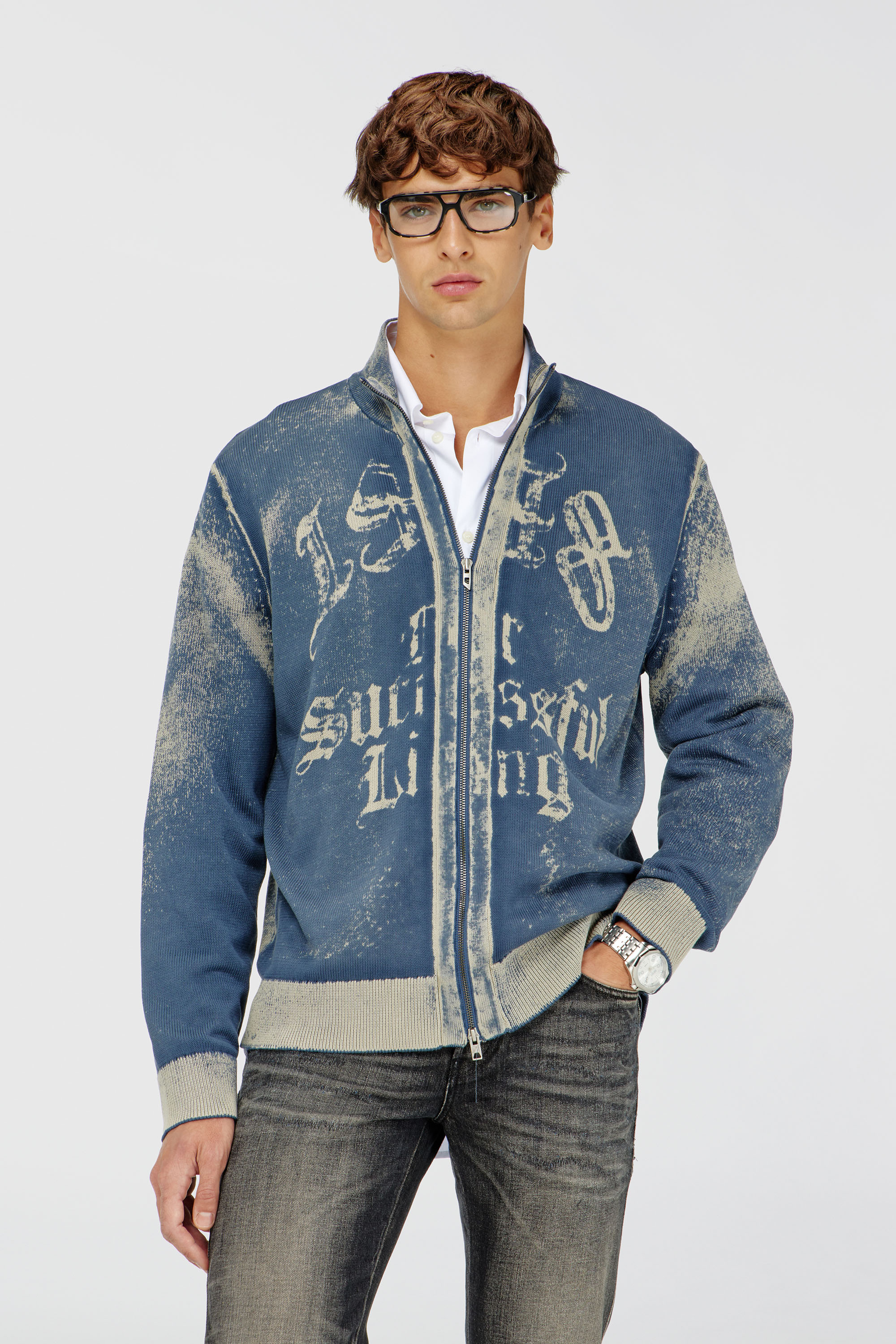 Diesel - K-LAUROS-A, Man's Zip-up cardigan in cotton with reverse print in Medium blue - 1