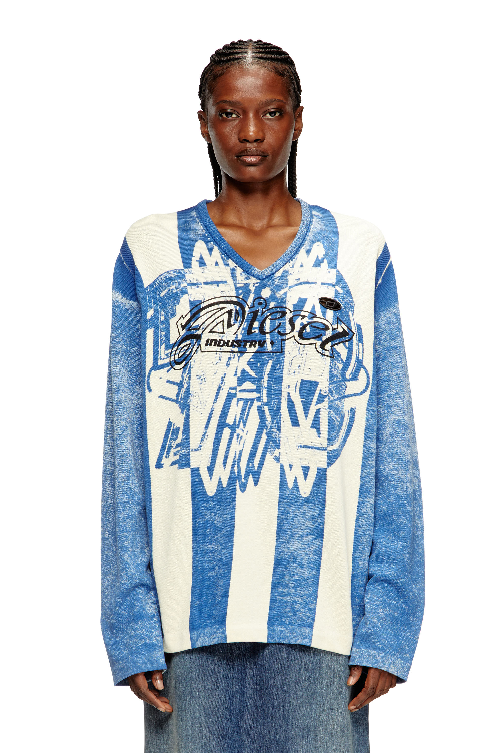 Diesel - K-OLIBA-V, Unisex's Inside-print striped jumper in Blue/White - 1