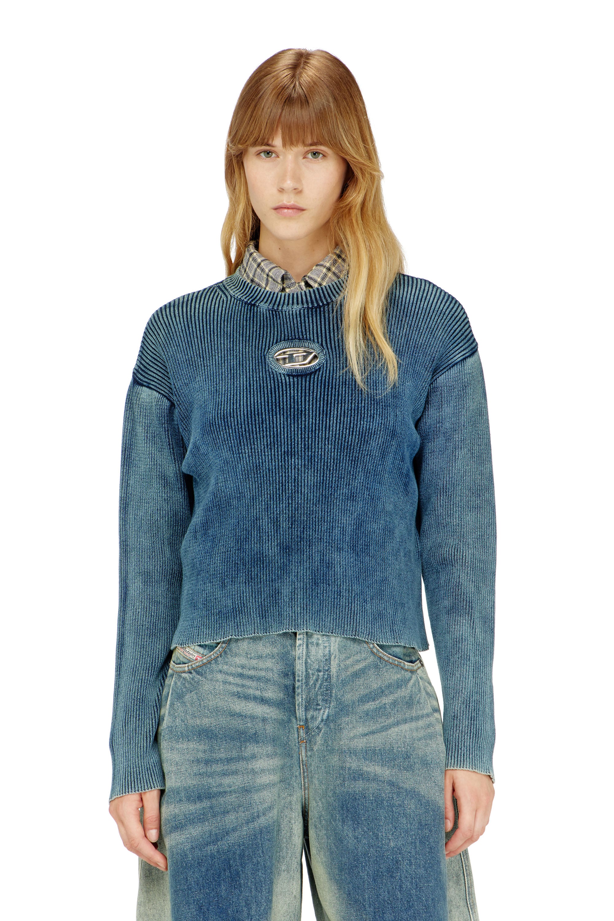 Diesel - M-ANCHOREX, Woman's Cut-out ribbed jumper with Oval D plaque in Blue - 1