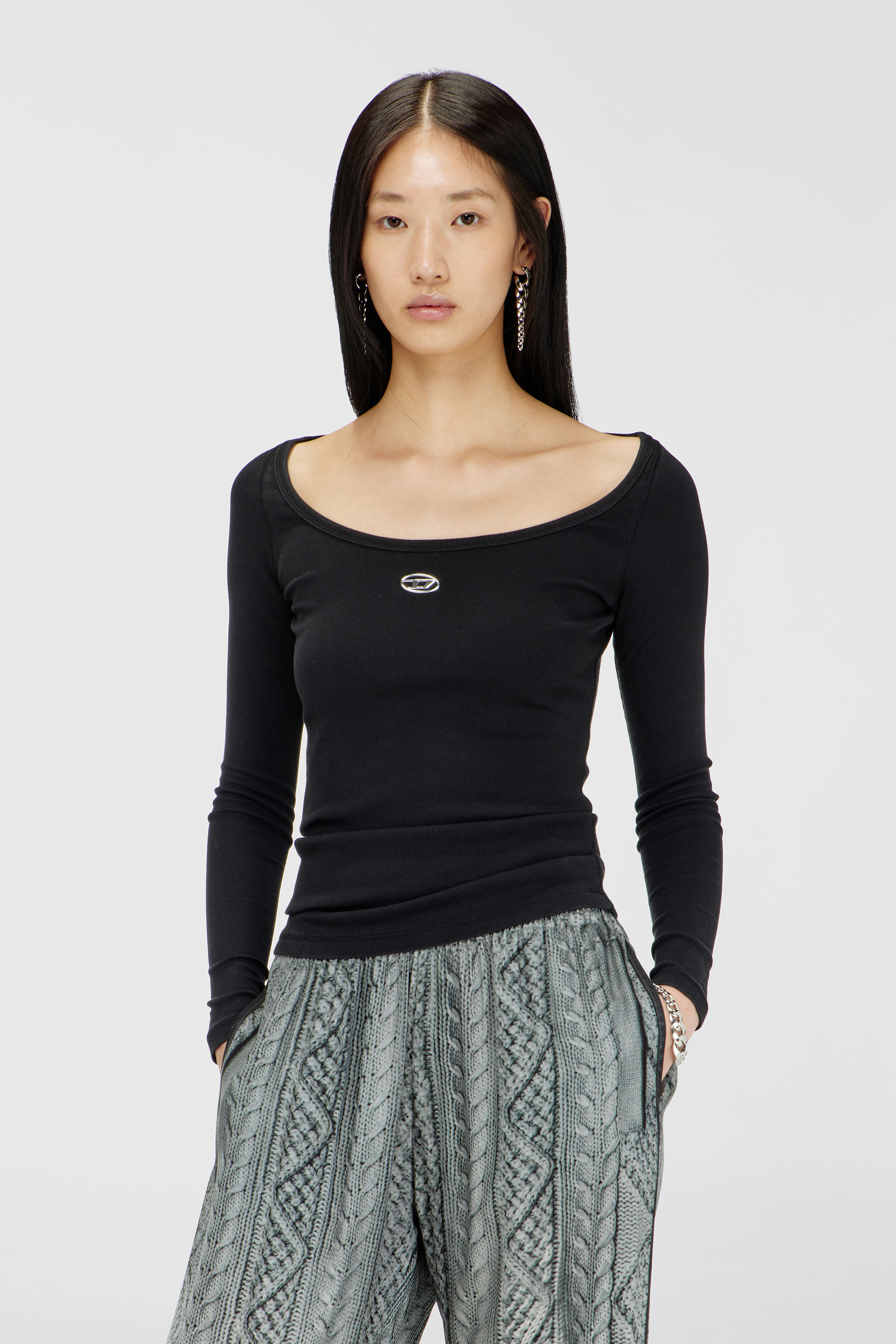 Diesel - T-BAL-OD, Woman's Long sleeve ribbed top with metallic Oval D in Black - 1