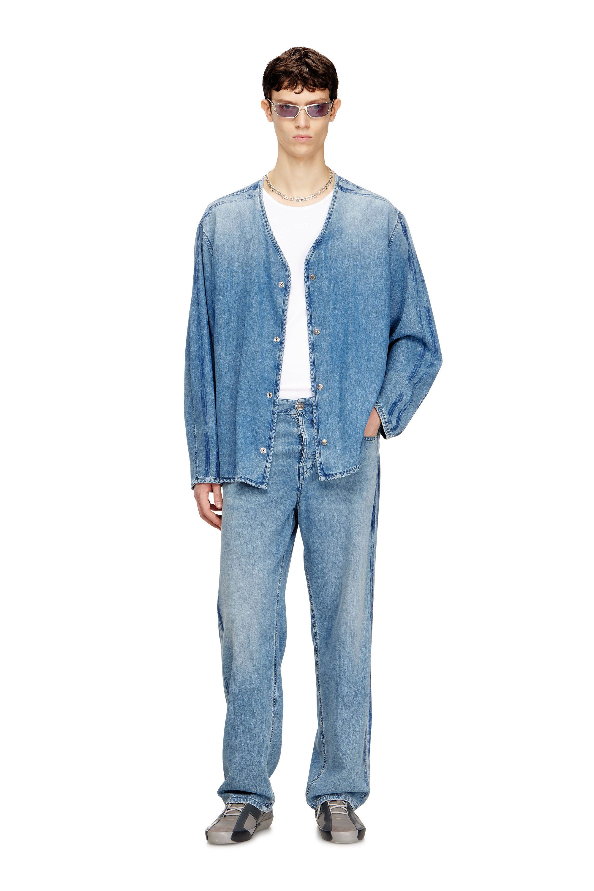 Diesel - D-CADI-S, Man's V-neck shirt in fluid denim with stripes in Light Blue - 2