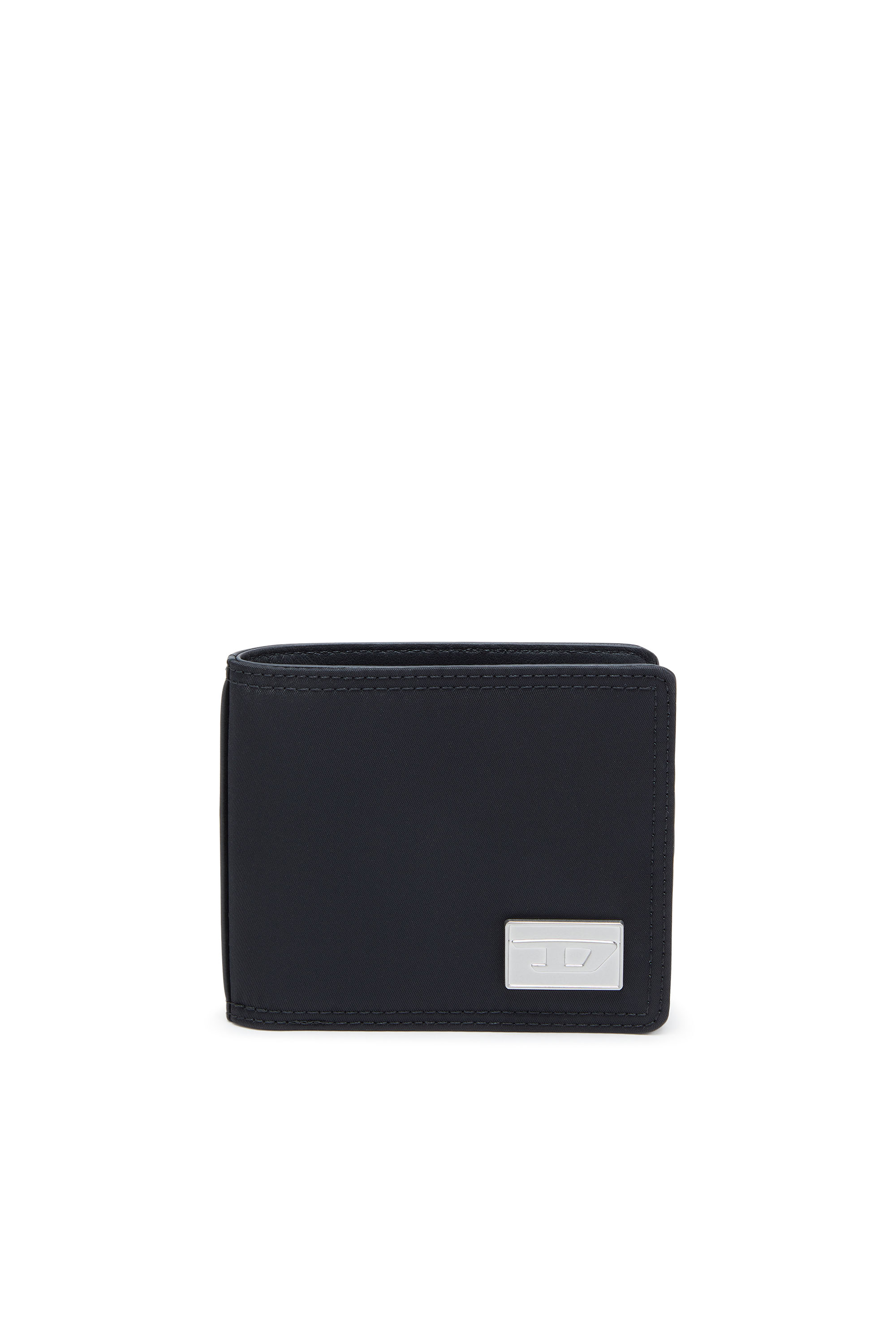 Diesel - MULTI-PKTS BI FOLD COIN S 3D, Man's Leather bi-fold wallet with metal logo plaque in Black - 1