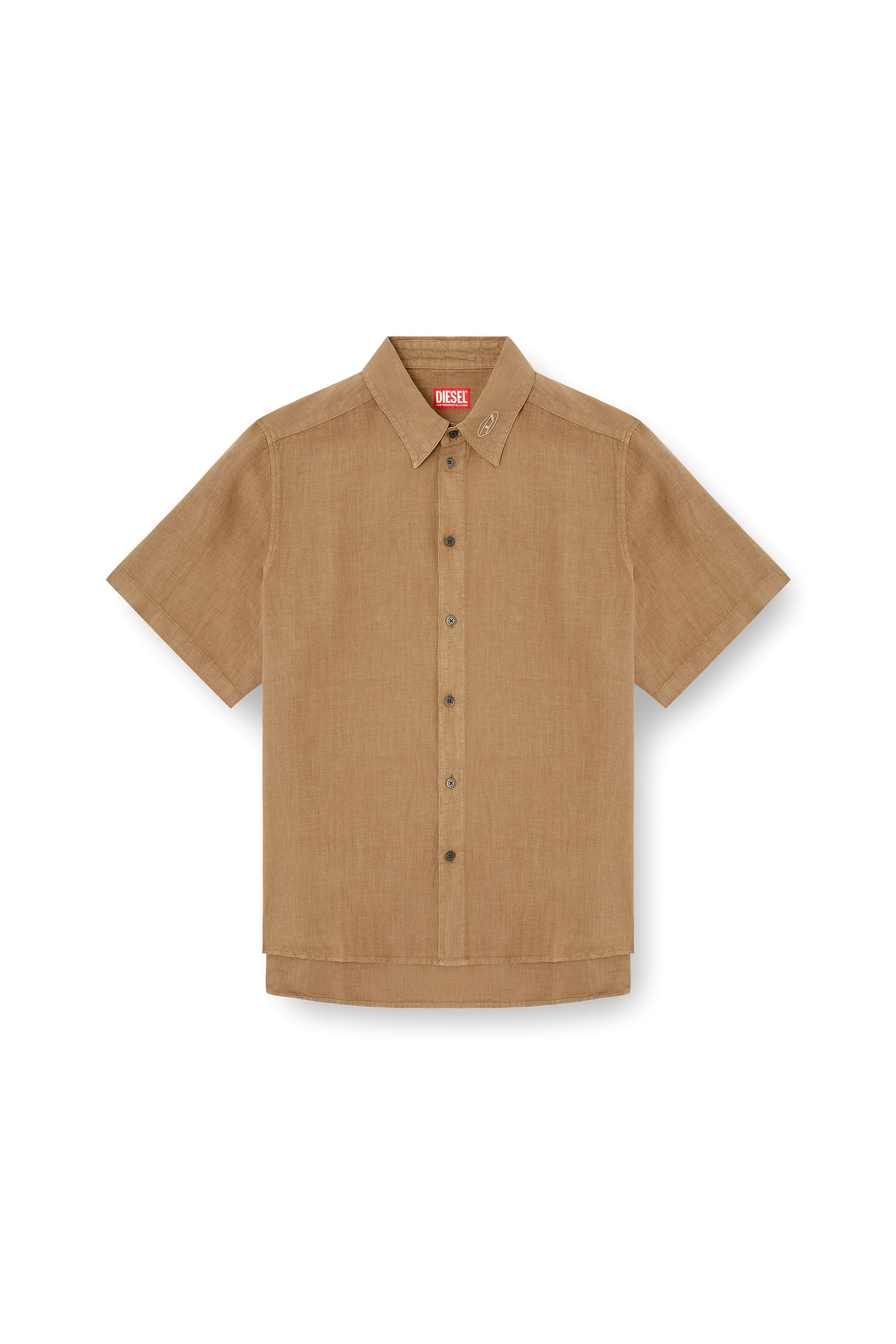 Men's Short-sleeve linen shirt with logo collar | Brown | Diesel
