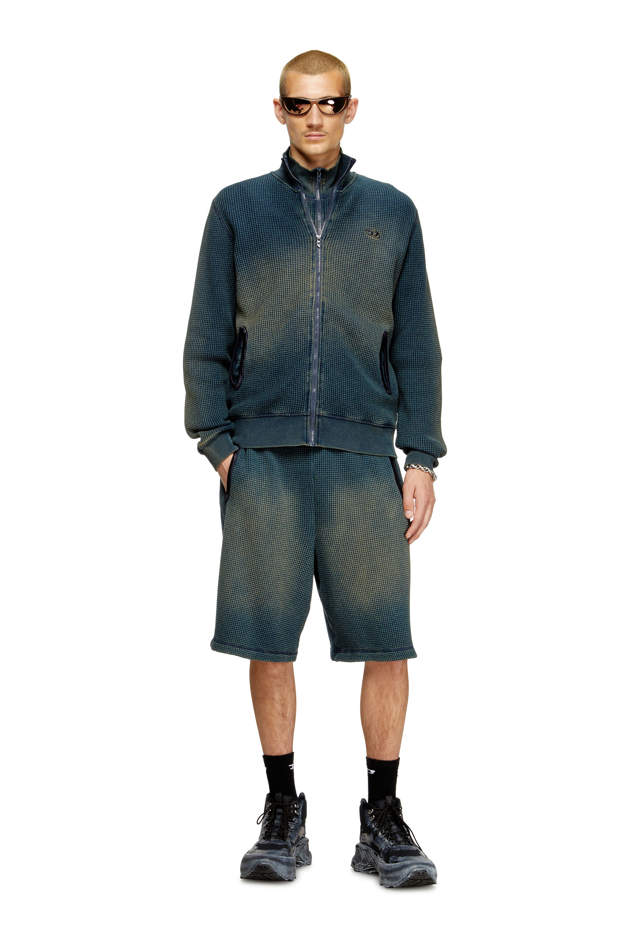 Diesel - S-WAFY-ZIP, Man's Waffle and jersey zip-up sweatshirt in Dark Blue - 2