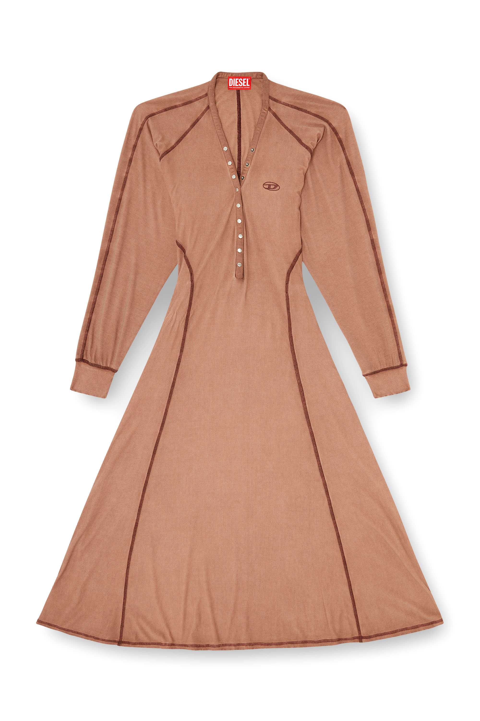Diesel - D-ISERINA, Woman's Midi dress in ribbed jersey with batwing sleeves in Light Brown - 3
