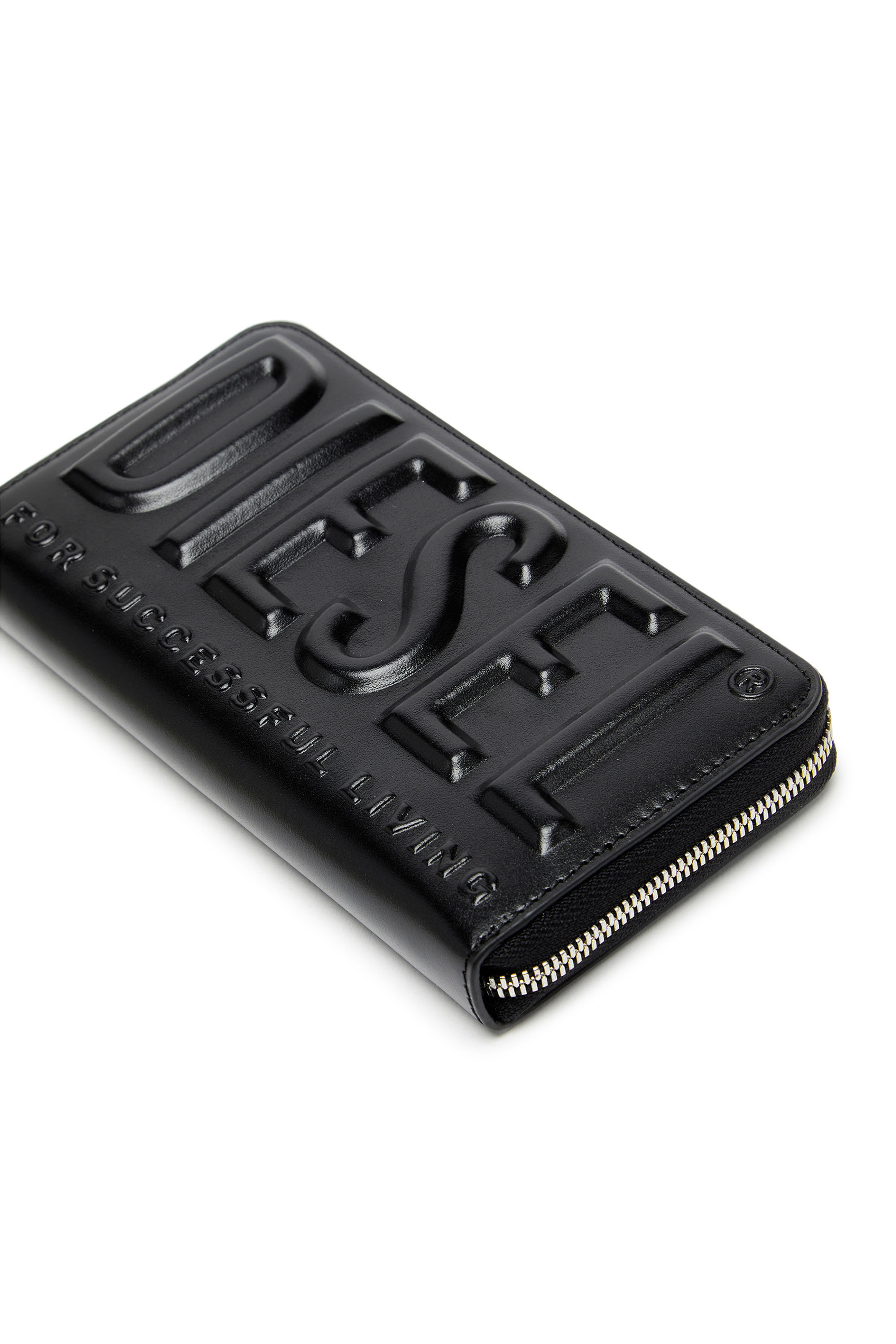 Diesel - DSL 3D -CONTINENTAL ZIP L, Man Long zip wallet in logo-embossed leather in Black - Image 4