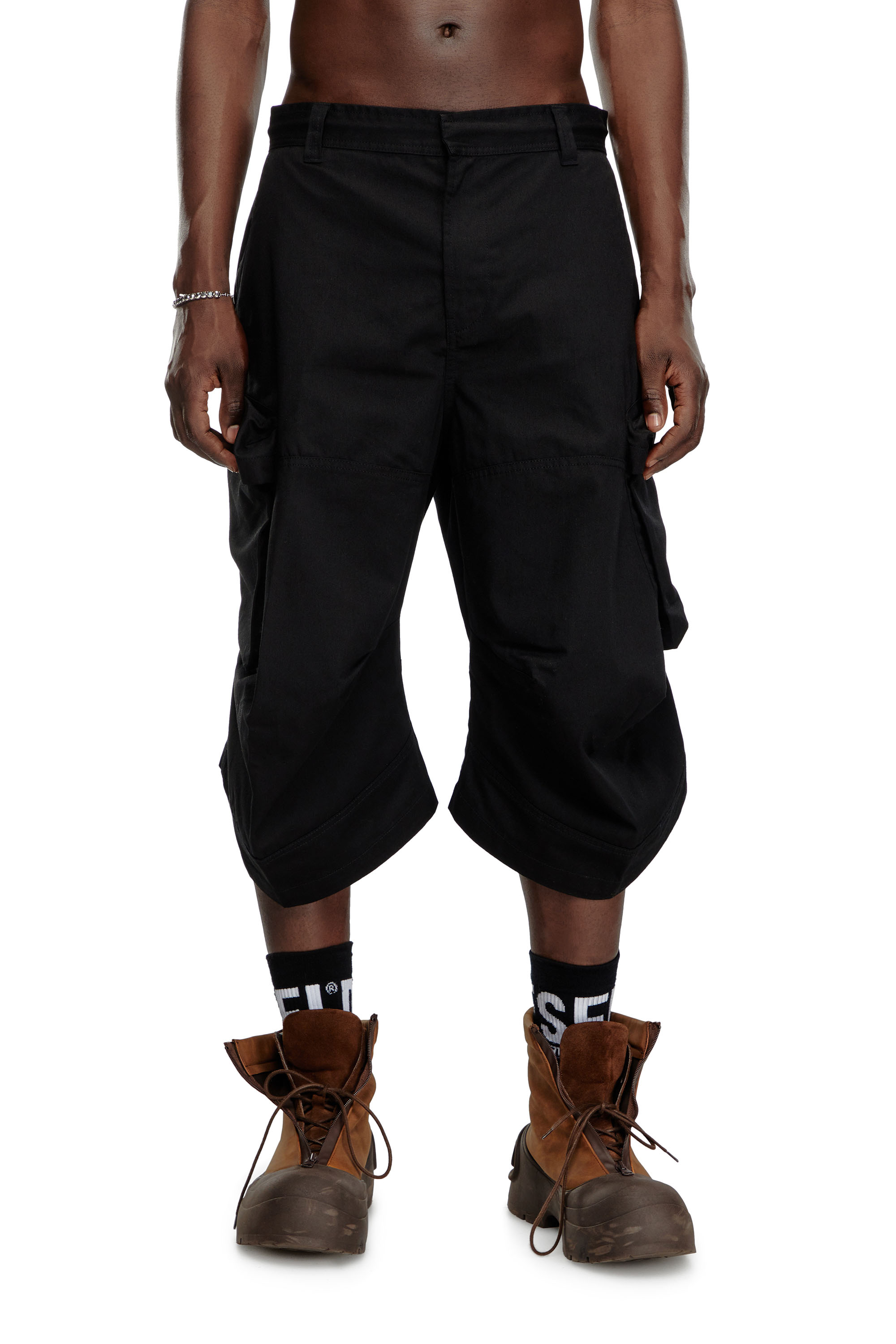 Diesel - P-ARNE-SHORT-A, Man's Asymmetrical cargo shorts in twill in Black - 3