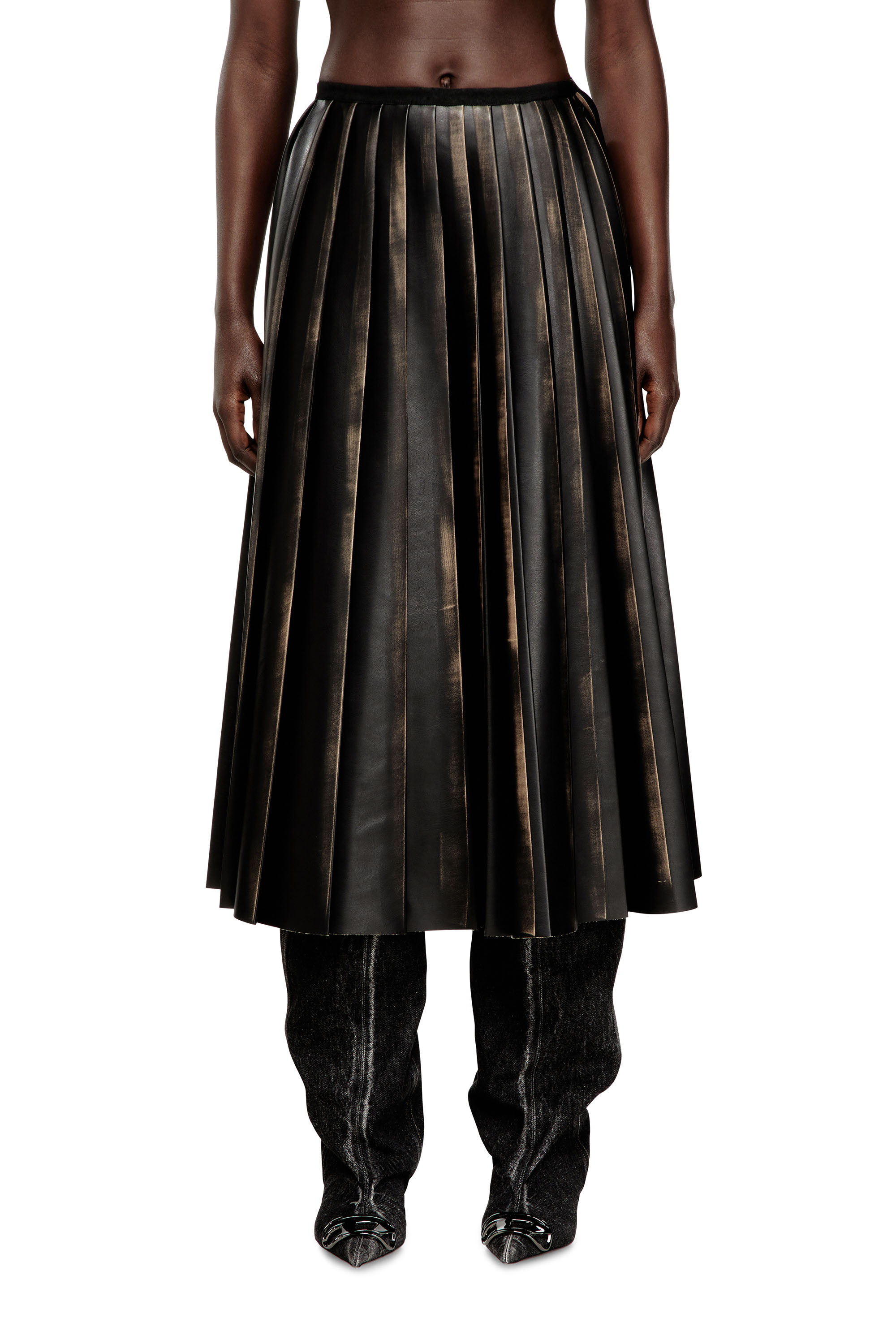 Diesel - O-SAKA, Woman's Distressed pleated midi skirt in Black/Brown - 1