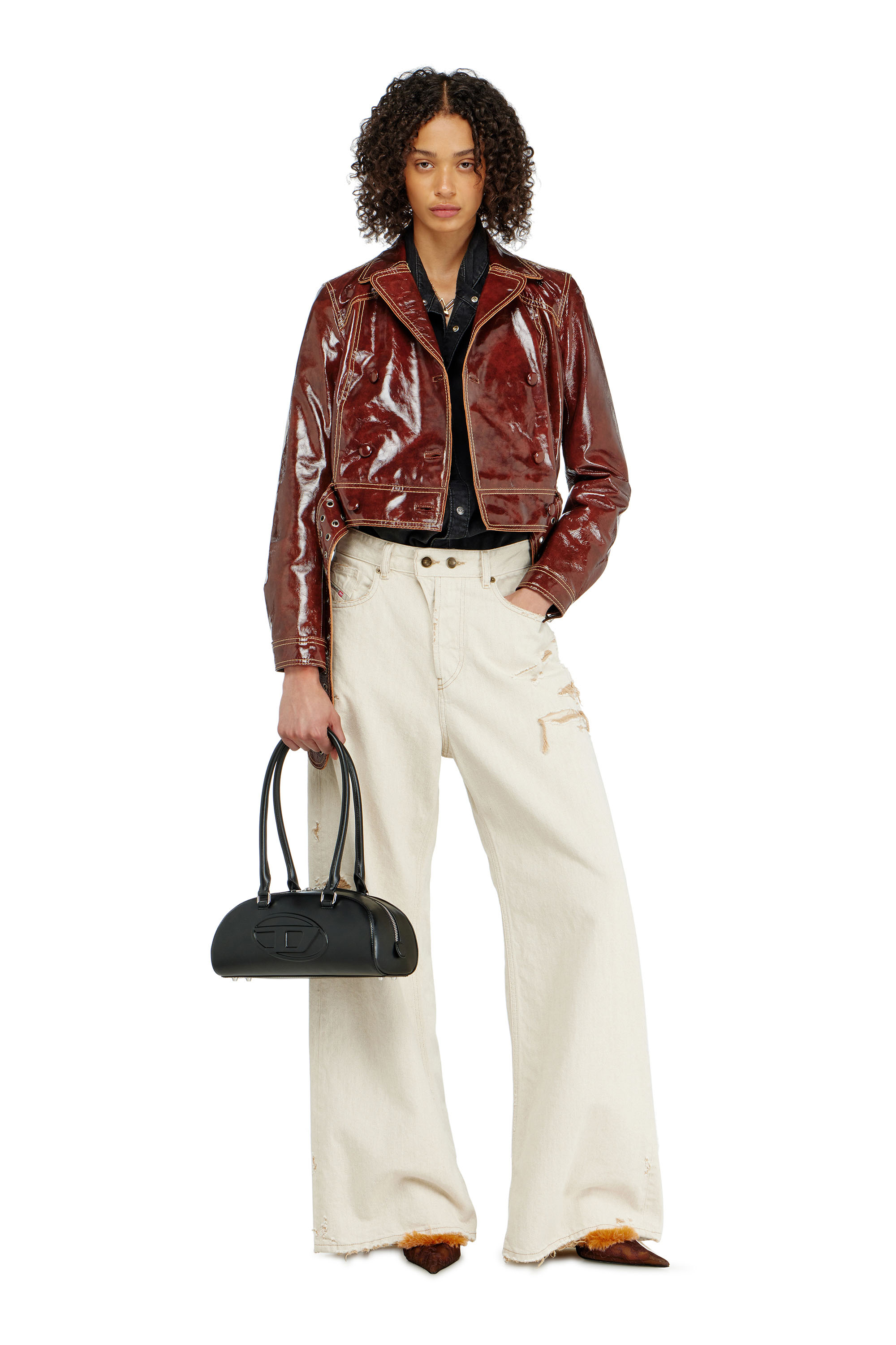 Diesel - L-EGEND, Woman's Patent-leather jacket with large belt in Brown - 2