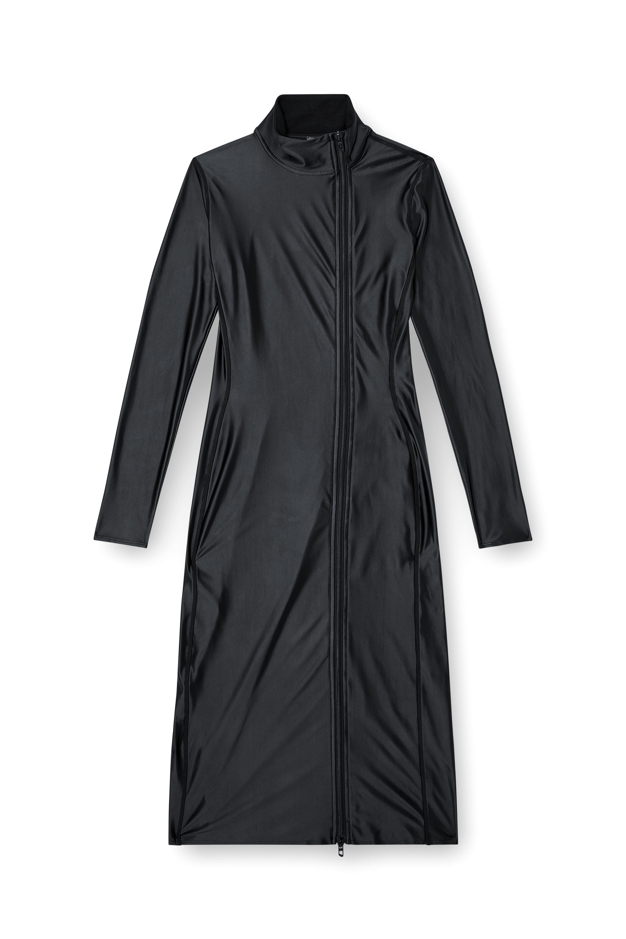 Diesel - D-SILVER, Woman's Mock collar long-sleeve midi dress with chintz finish in Black - 1