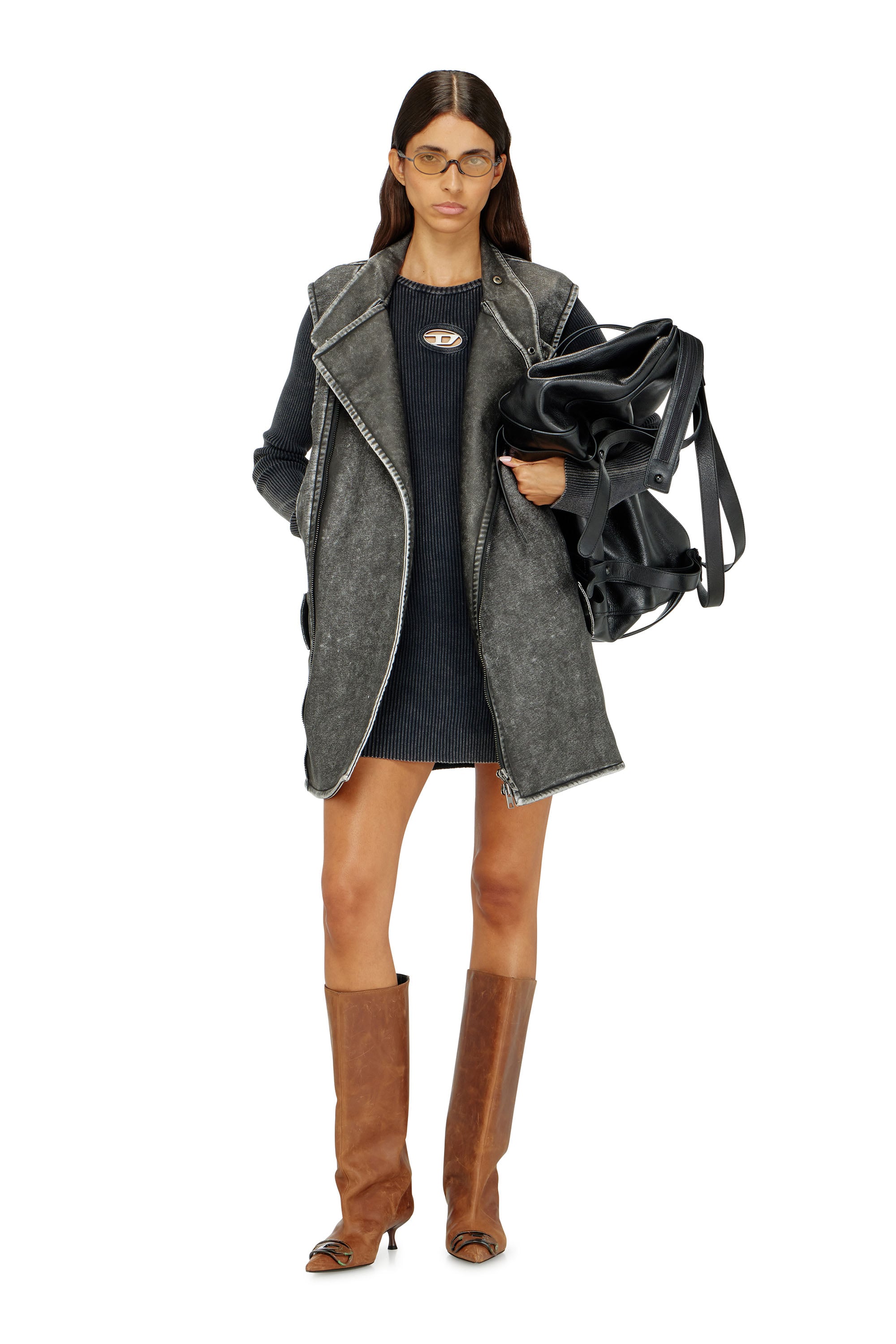 Diesel - M-ANCHORAGE-LS, Woman's Short dress in faded ribbed knit in Dark grey - 1