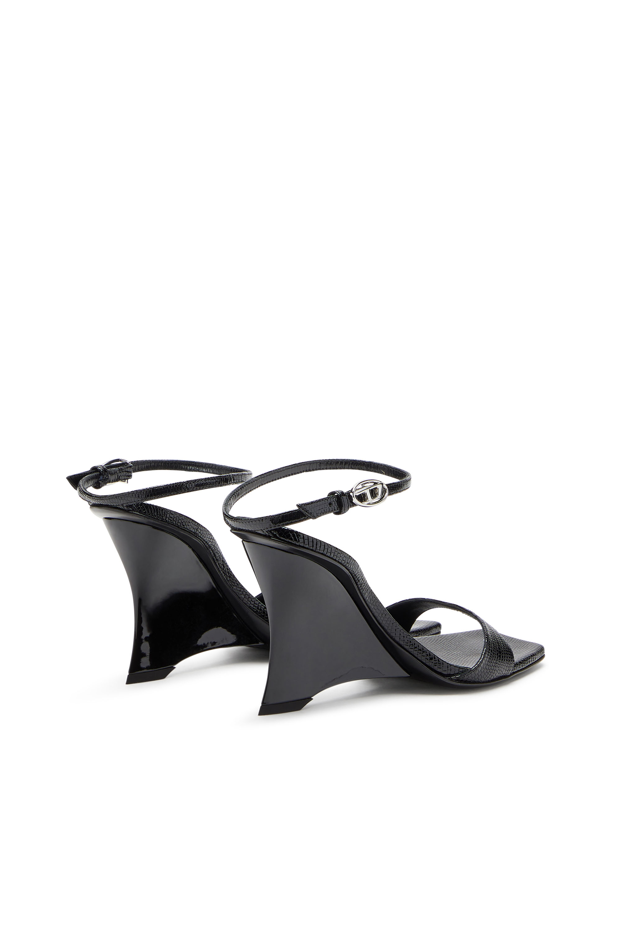 Diesel - D-AMBER SANDAL WEDGE, Woman's D-Amber-Wedge sandals in lizard-effect leather in Black - 3